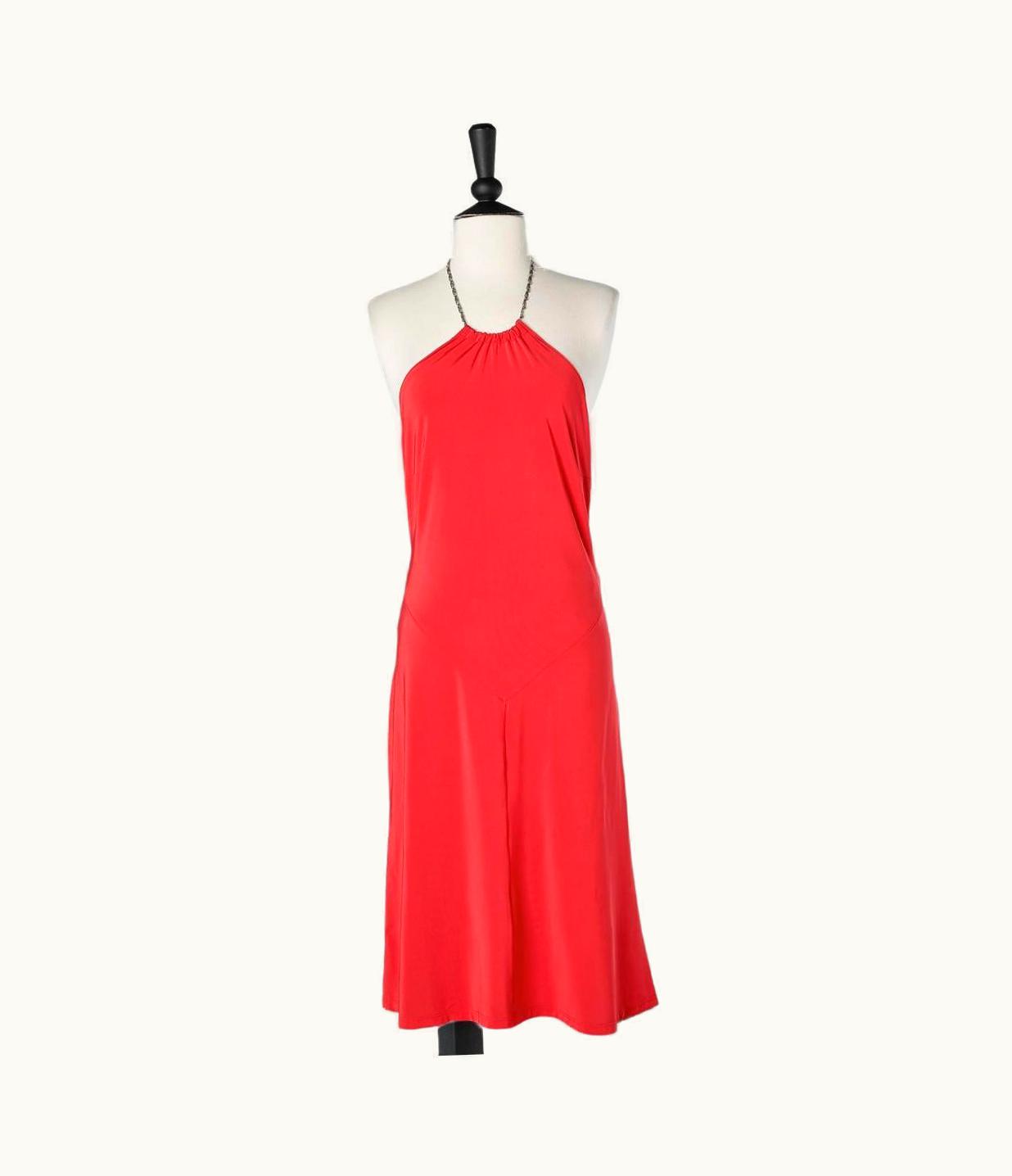 Versace Red Jersey Cocktail Dress With Metal And Rhinestone Chain Versace Jeans Couture
