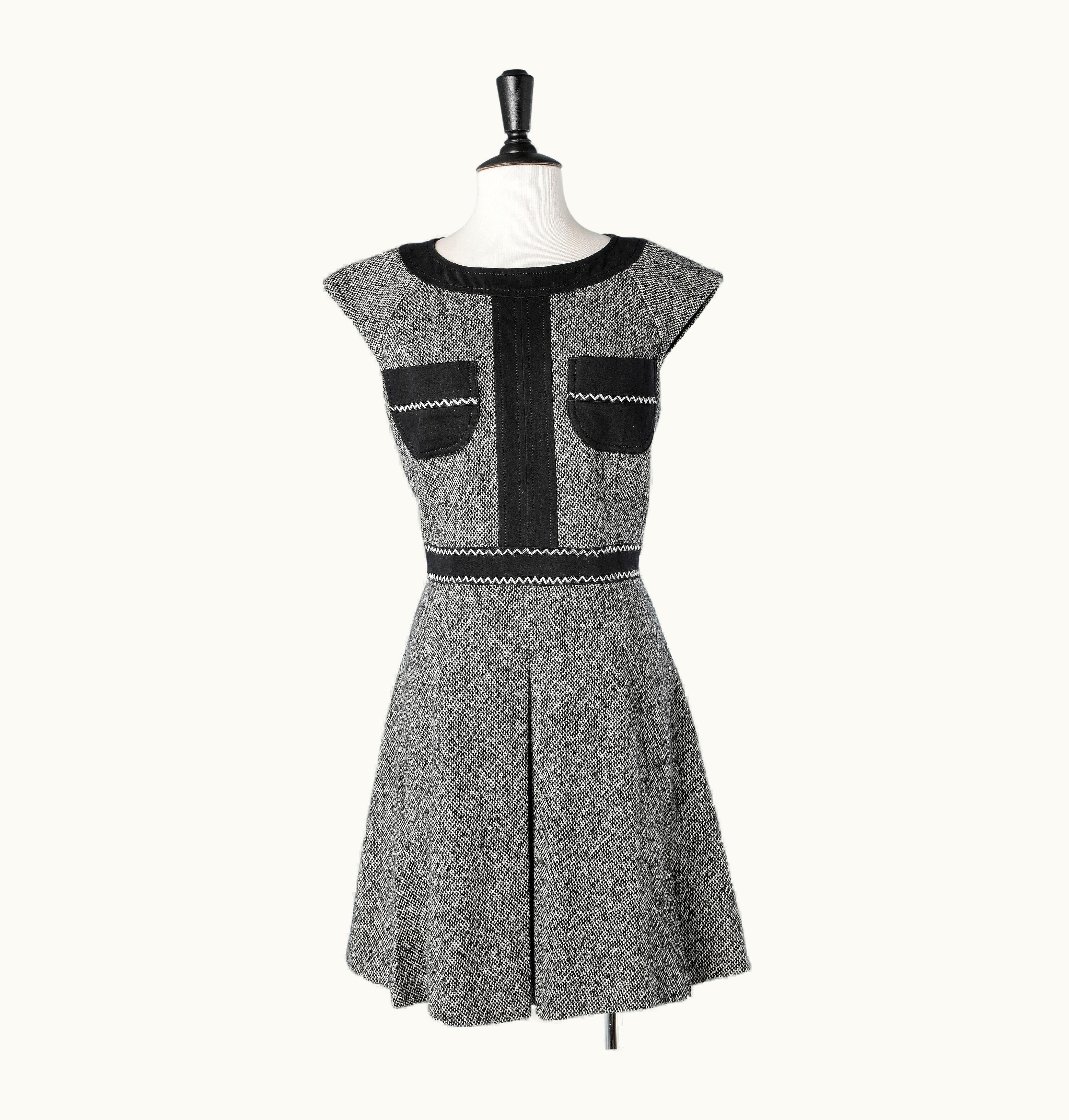 Versace Sleeveless Black And White Tweed Dress With Black Cotton Pockets Versace Jeans
