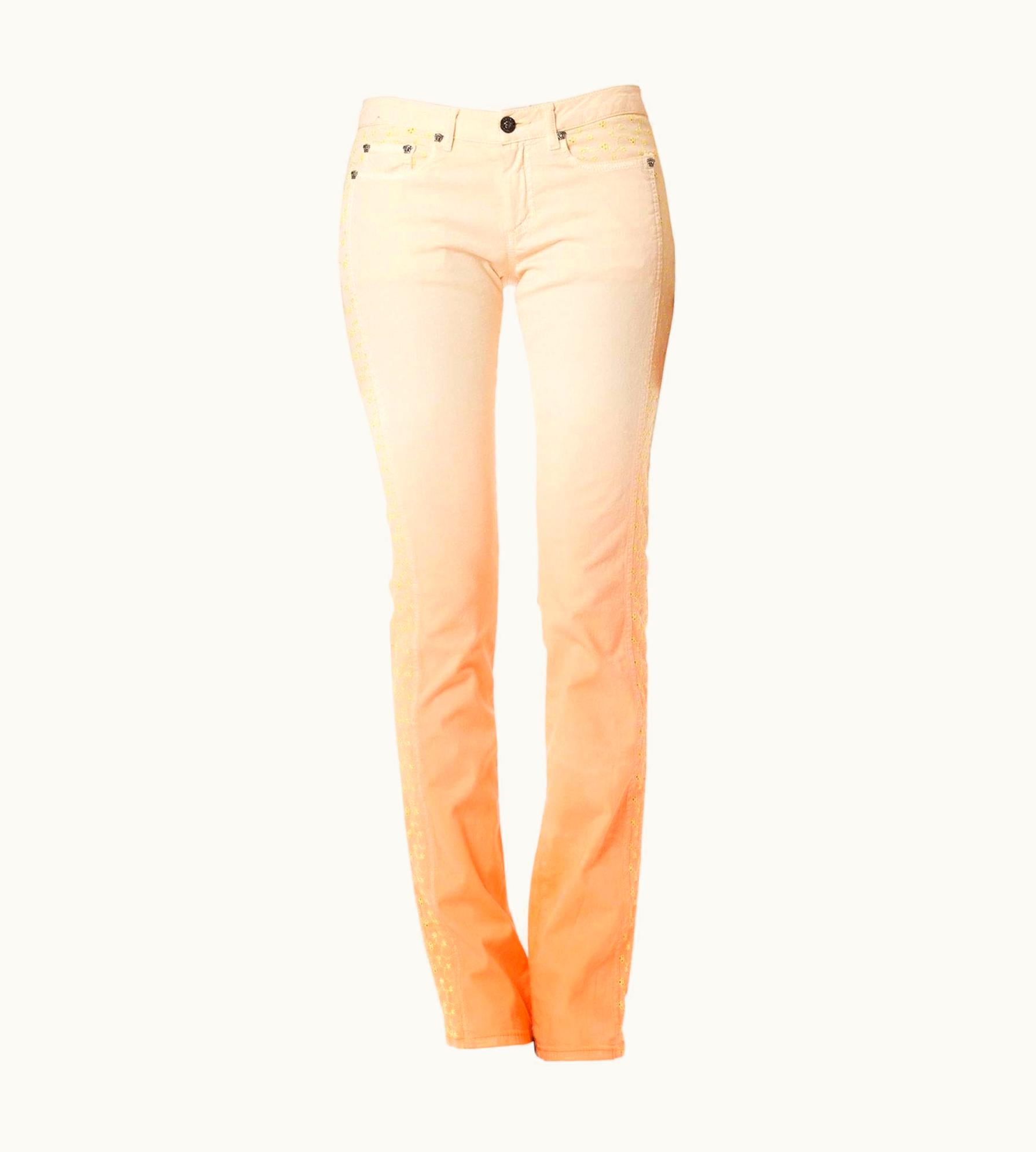 Gianni Versace Couture 2000s Gianni Versace Orange Ombré Cotton Stretch Jeans With Yellow Embroidery