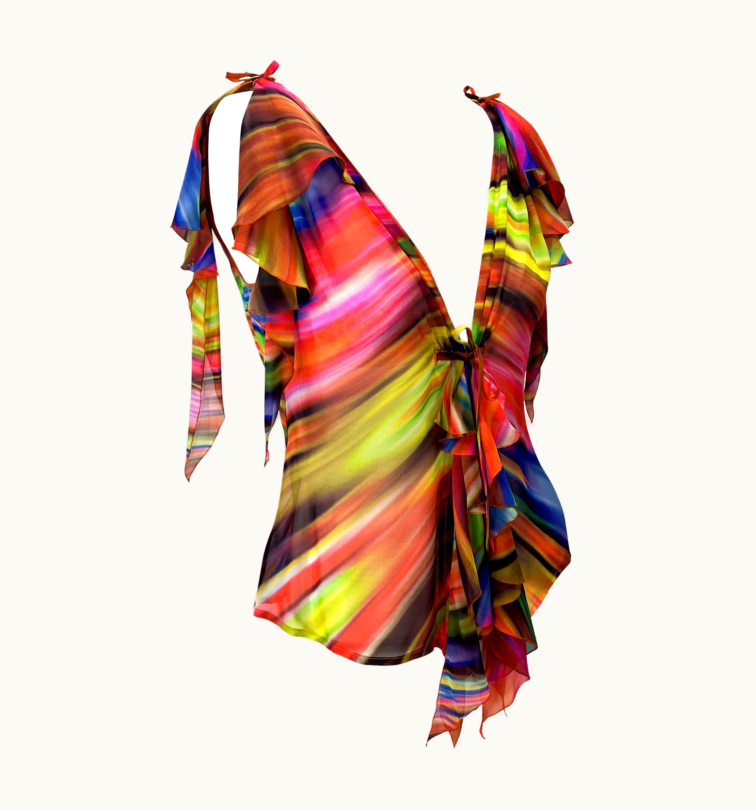 Gianni Versace Couture AW 2002 Gianni Versace By Donatella Sheer Chiffon Psychedelic Ruffle Tank Top