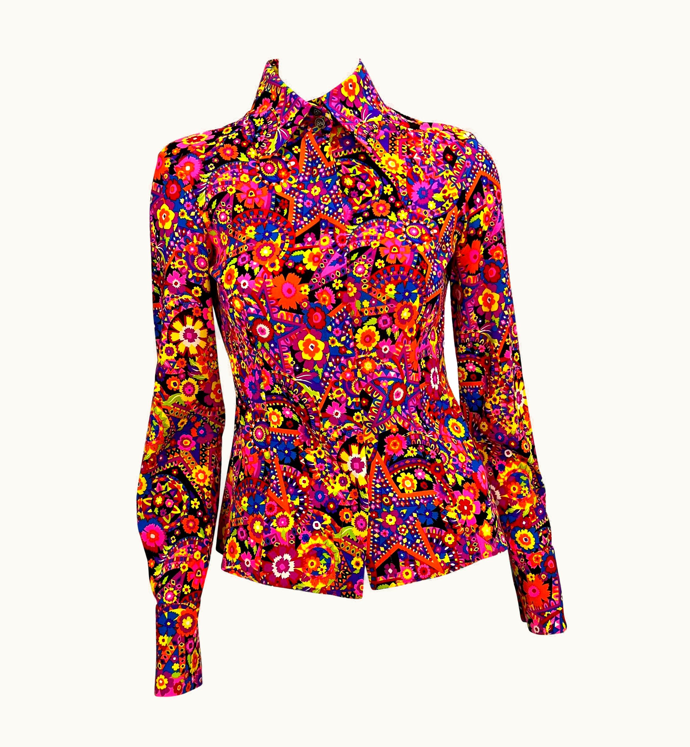 Gianni Versace Couture AW 2002 Gianni Versace By Donatella Pink Psychedelic Silk Blend Button Up Top