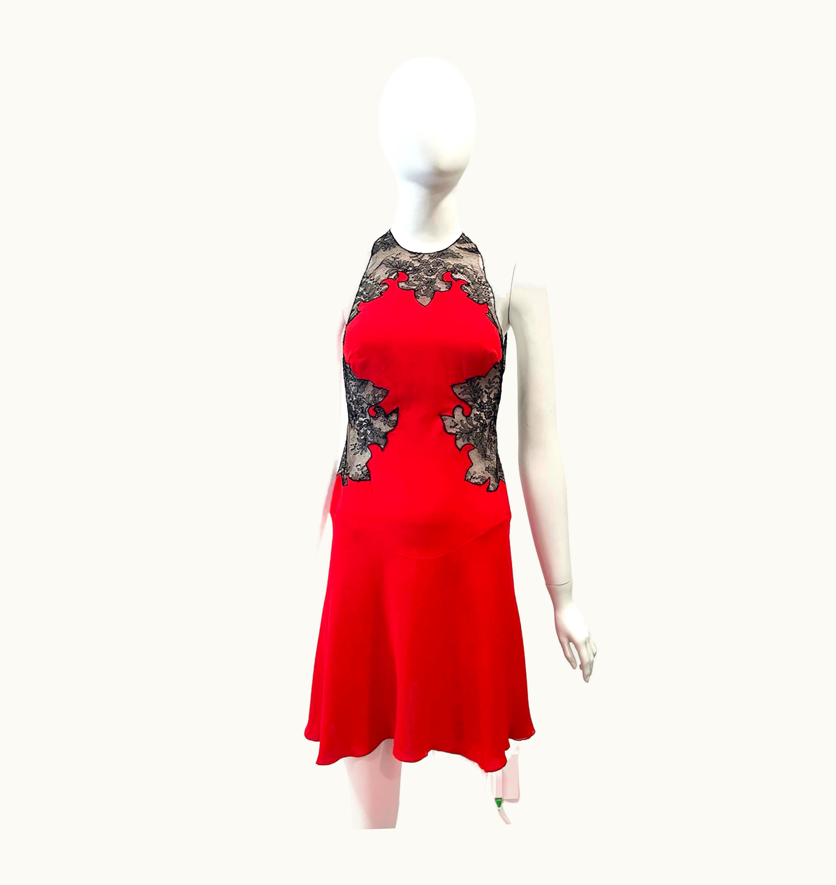 Gianni Versace Couture S/S 2002 Gianni Versace Red Mini Dress Sheer With Black Lace Trim