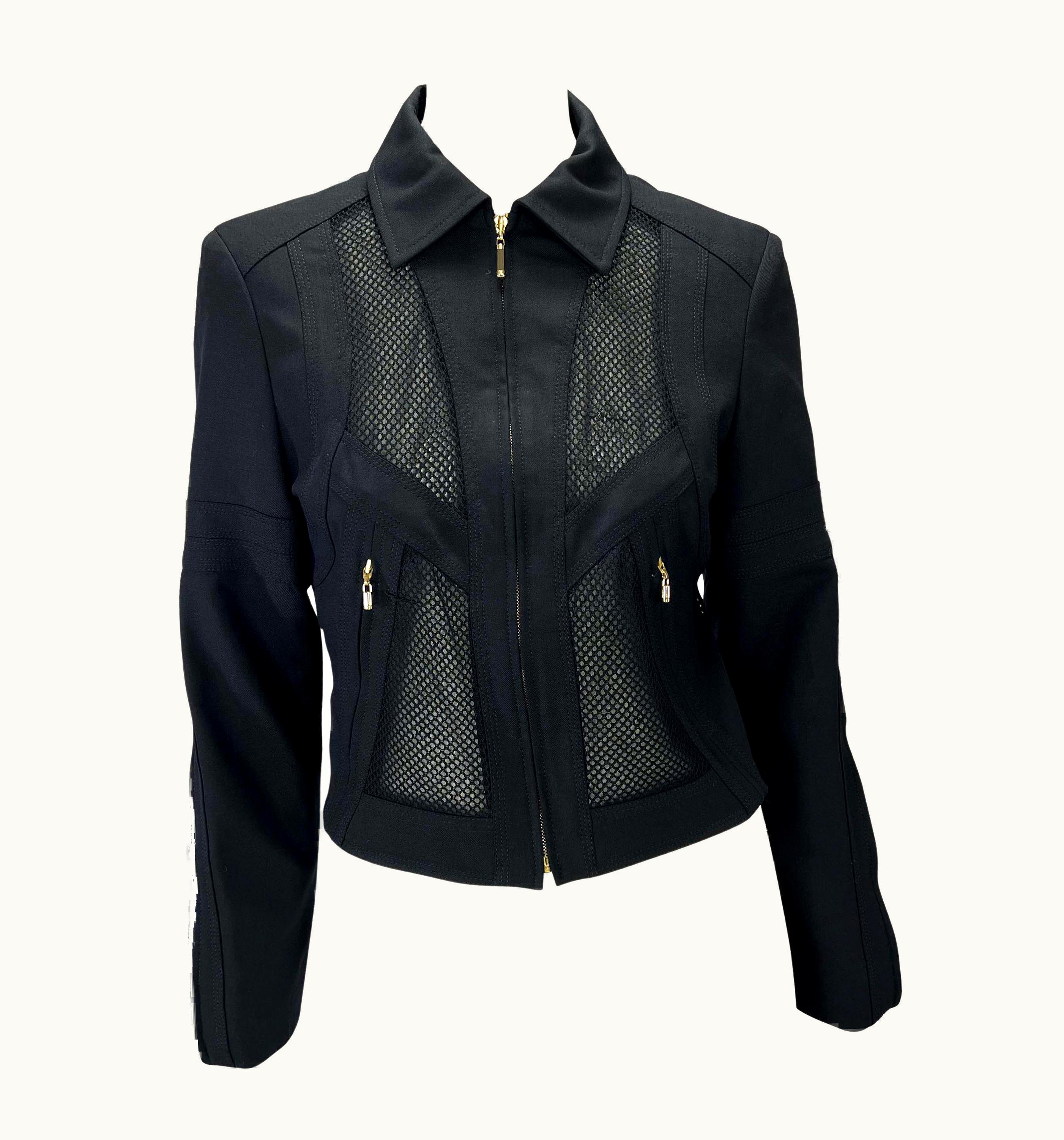 Gianni Versace Couture S/S 2002 Gianni Versace By Donatella Mesh Panel Sheer Black Zip Medusa Jacket