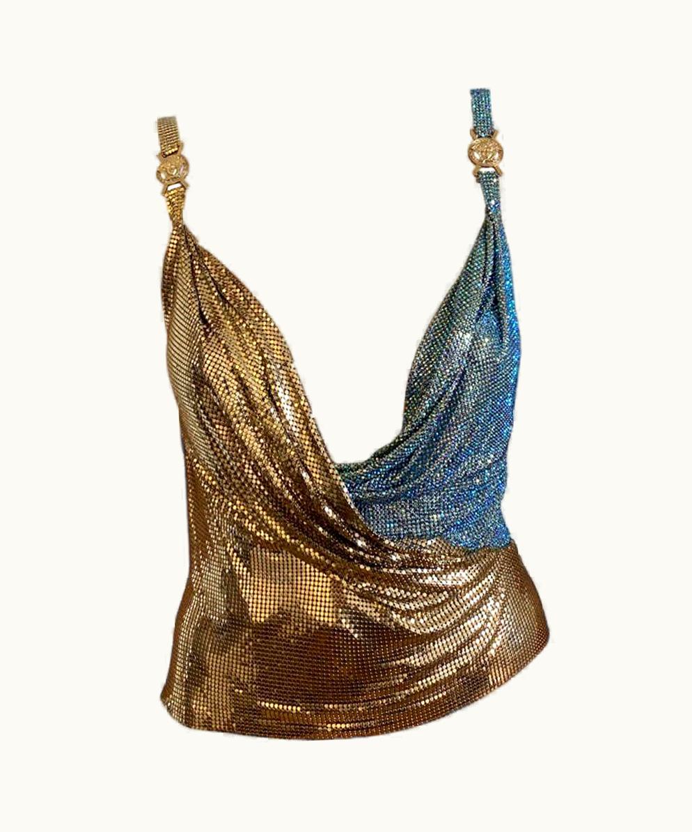 Versace 1 Of 1 Atelier Versace S/S 2005 Gold Oroton And Blue Swarovski Chainmail Top