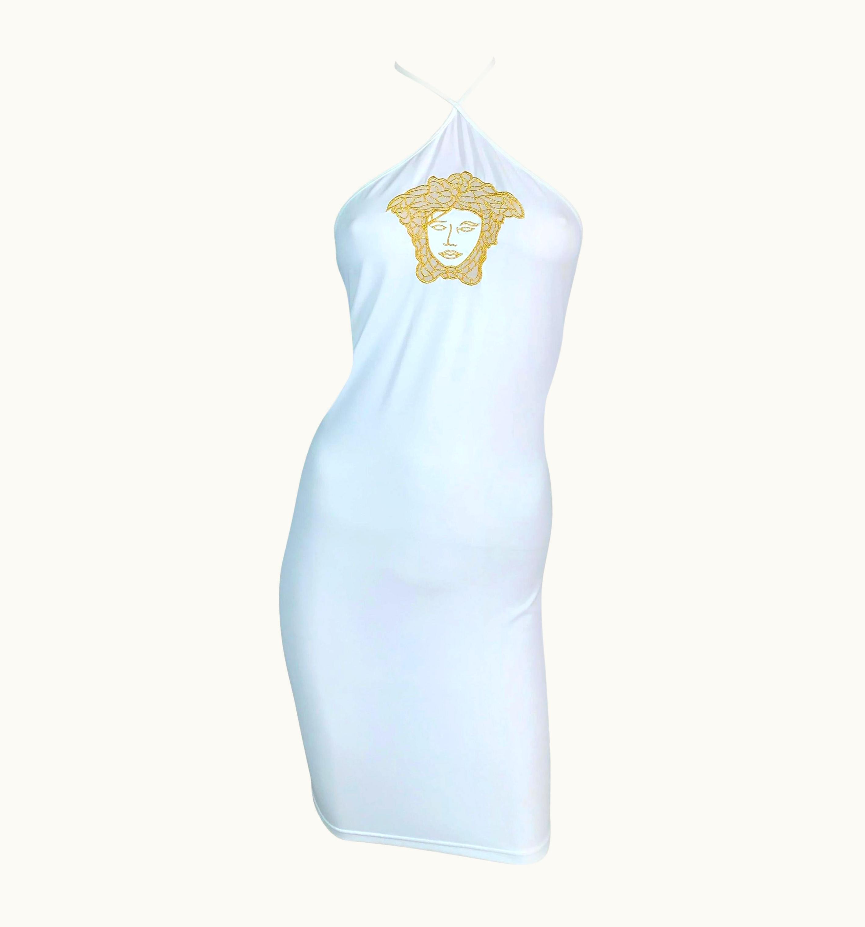 Versace 2000' Versace White Nylon Bodycon Gold Medusa Dress