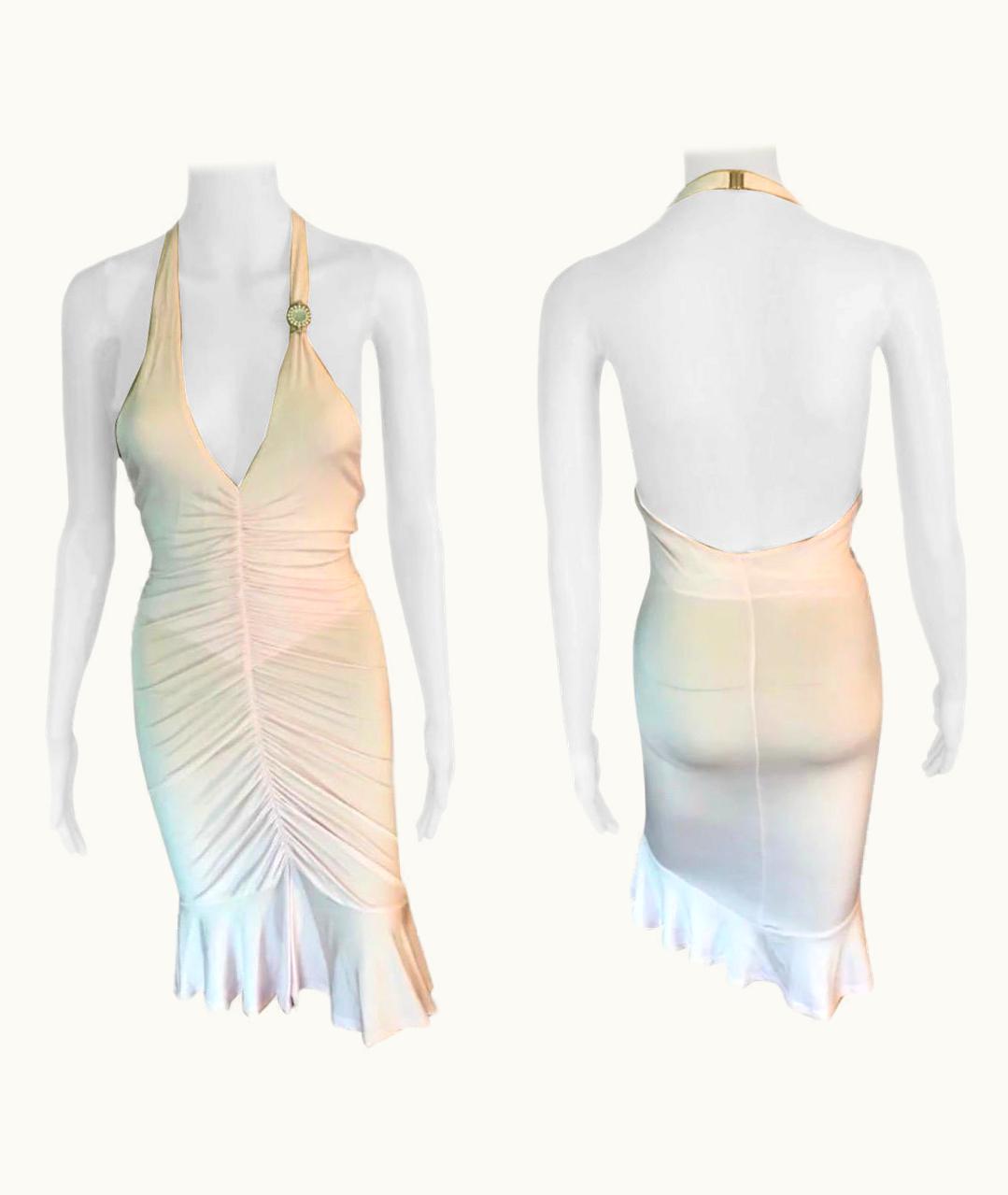 Versace Versace Early 2000' Embellished Plunged Halter Open Back Ruched Mini Dress