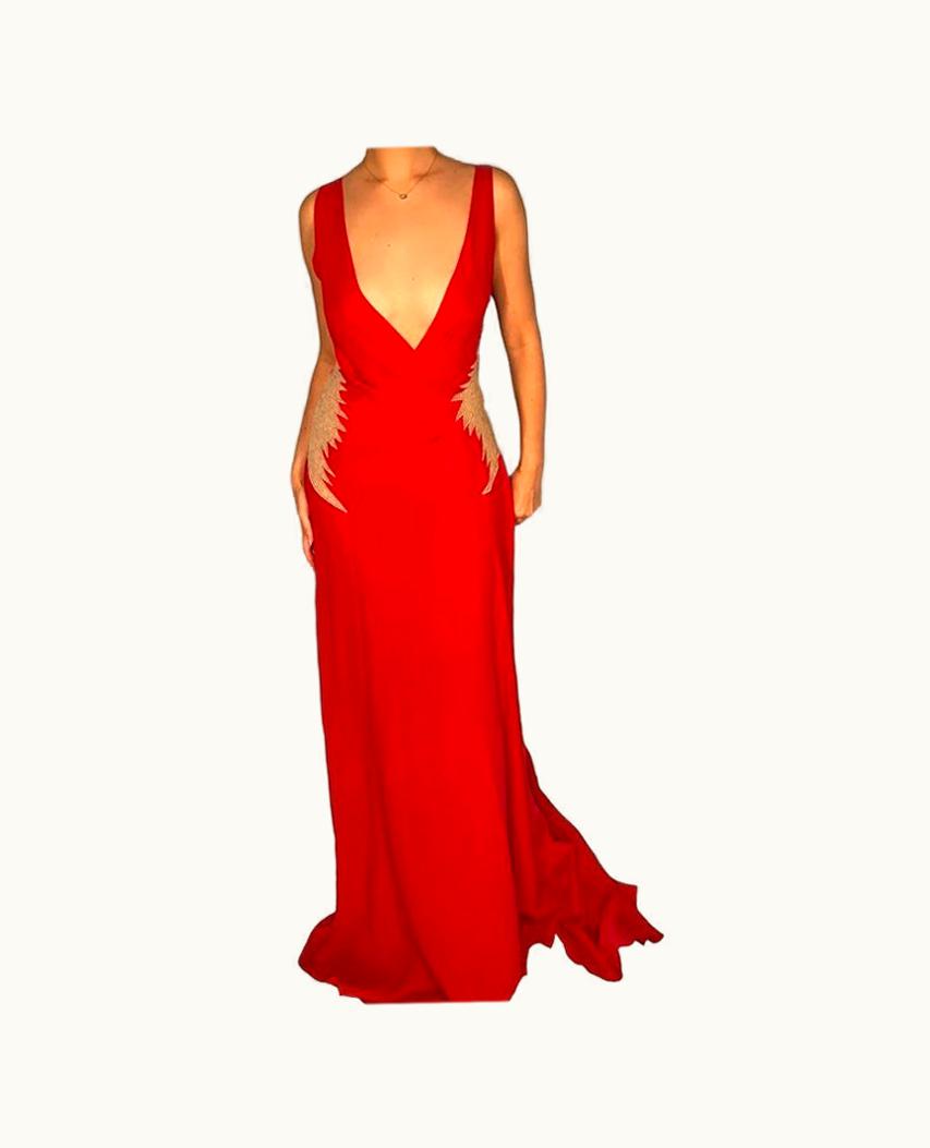 Gianni Versace Couture 2001 Vintage Gianni Versace Couture Red Silk Chiffon And Nude Lace Gown