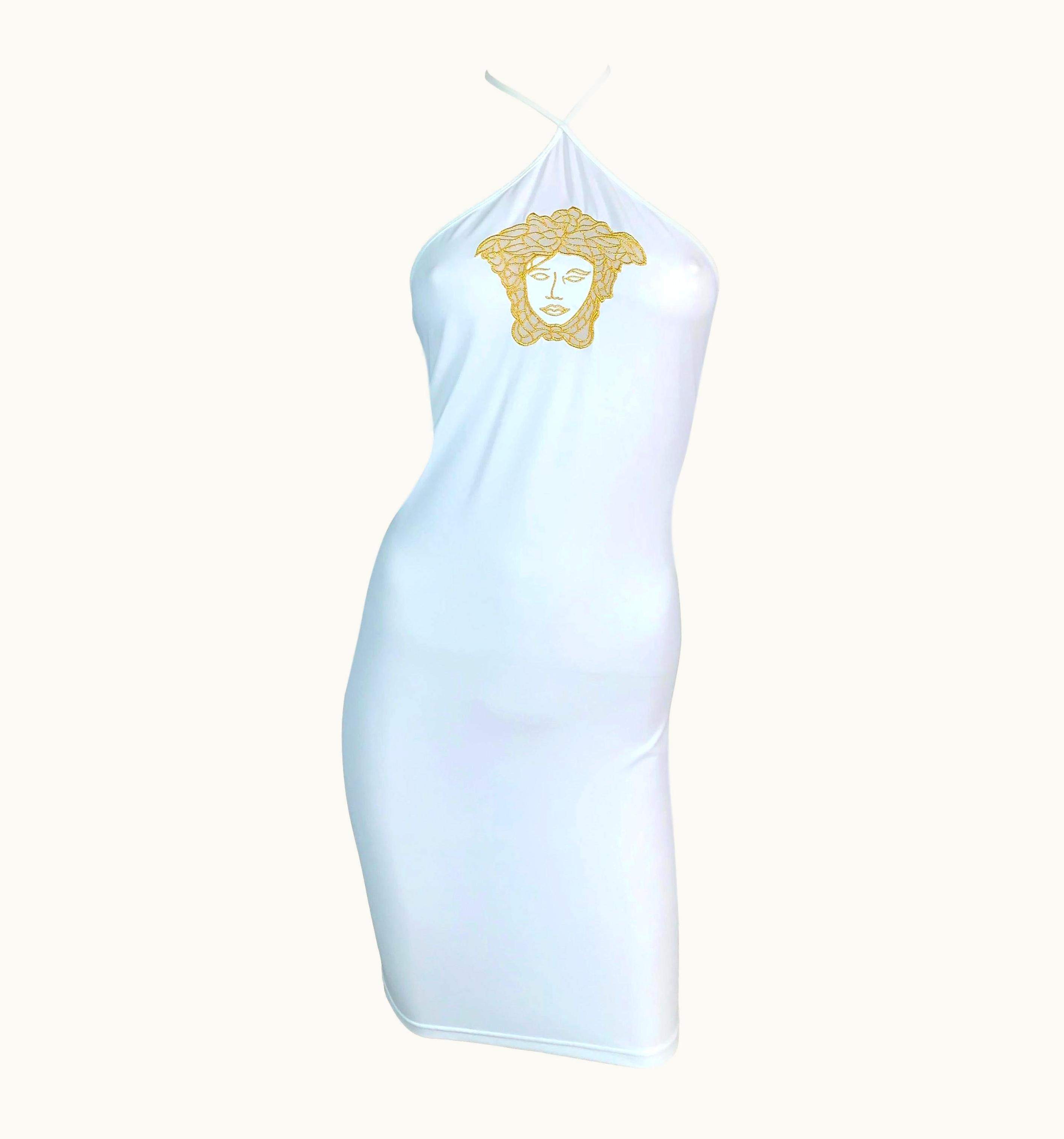 Versace 2001 Versace White Nylon Bodycon Gold Medusa Dress
