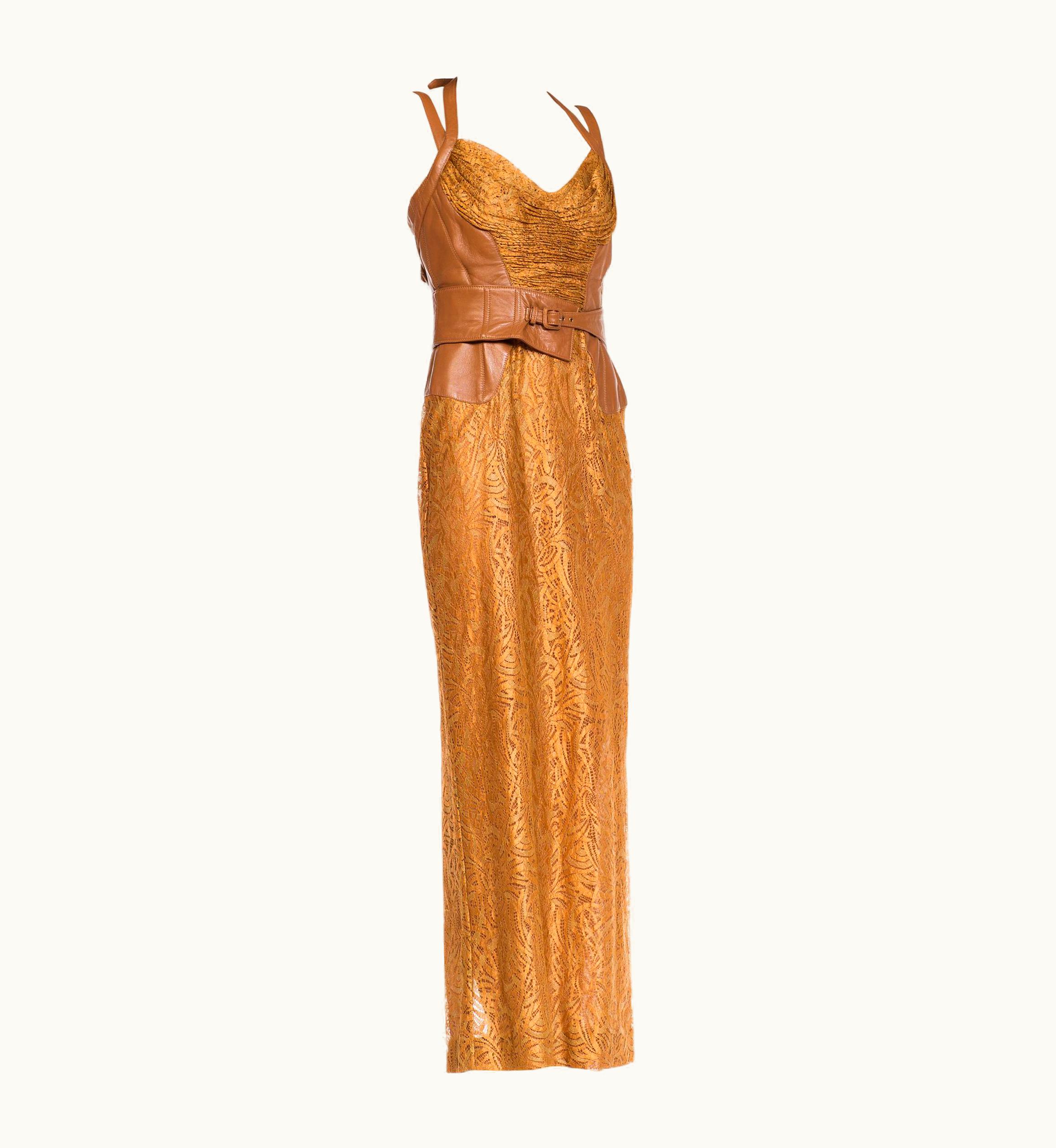 Versace 2000s Versace Caramel Brown Silk Lace & Leather 2001 Bondage Strap Gown