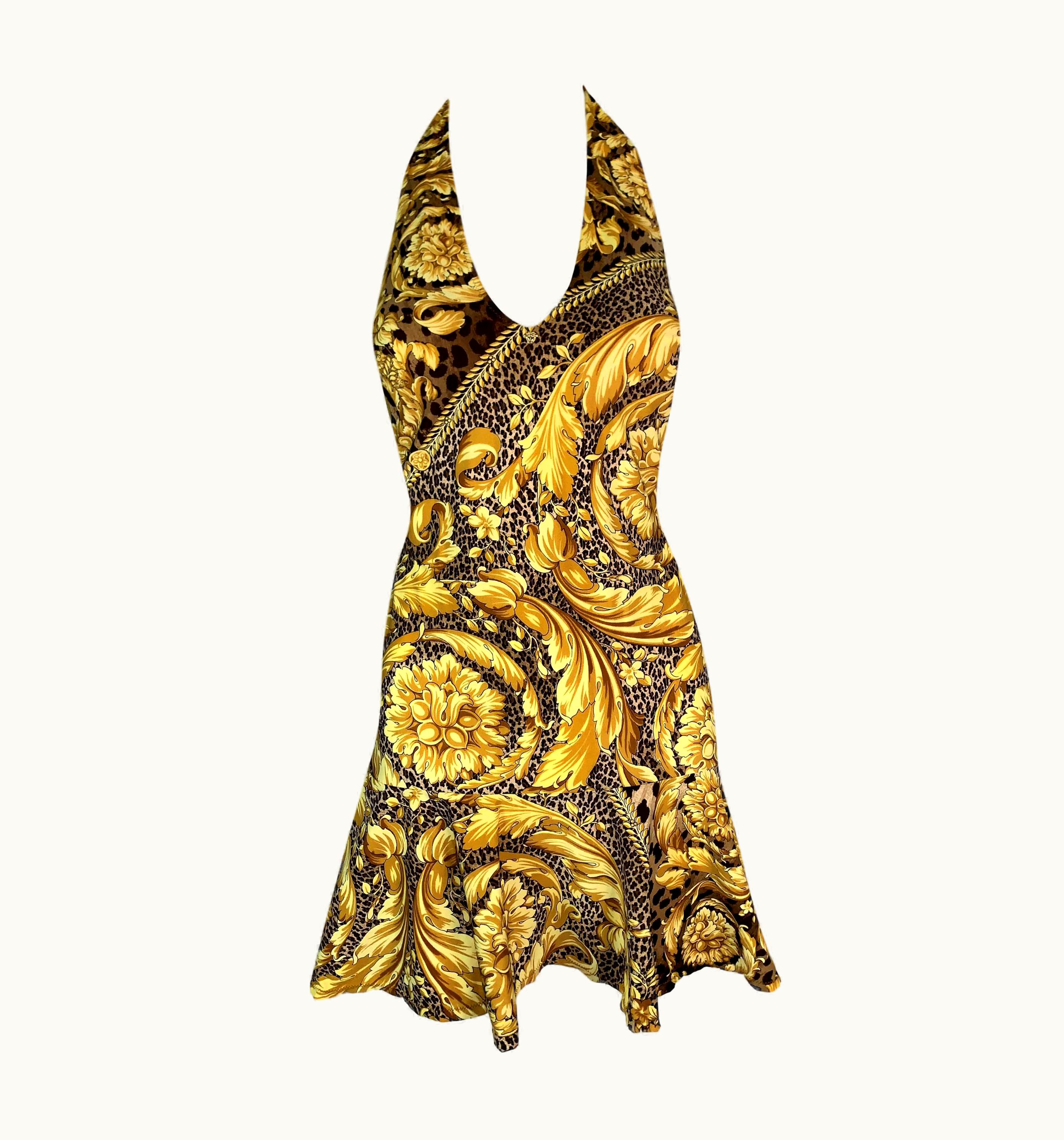 Versace Unworn S/S 2000 Versace Gold Baroque Animal Print V-Neck Skater Mini Dress