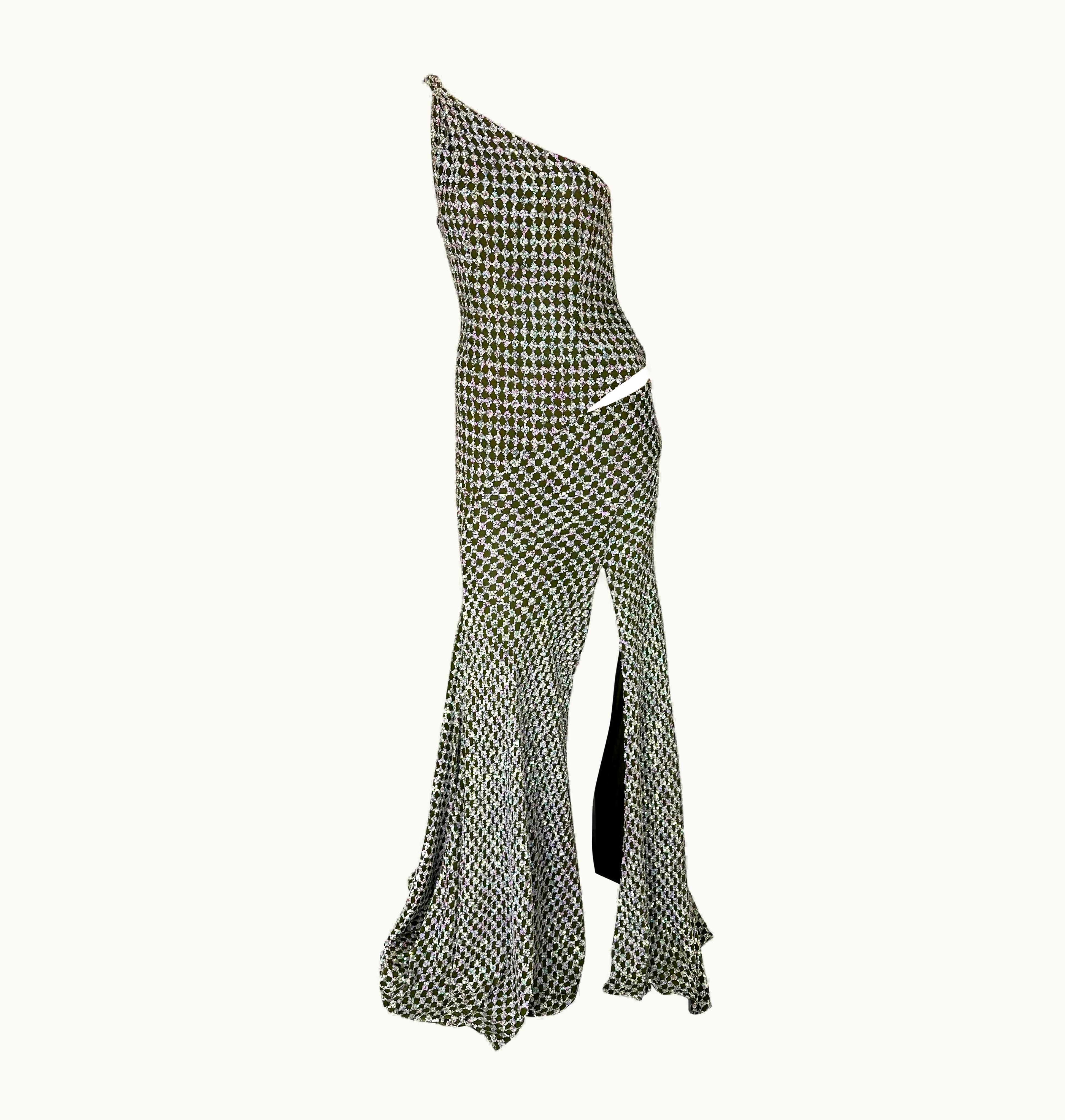 Gianni Versace Couture AW 2002 Gianni Versace By Donatella Runway Green Iridescent Sequin Cutout Gown