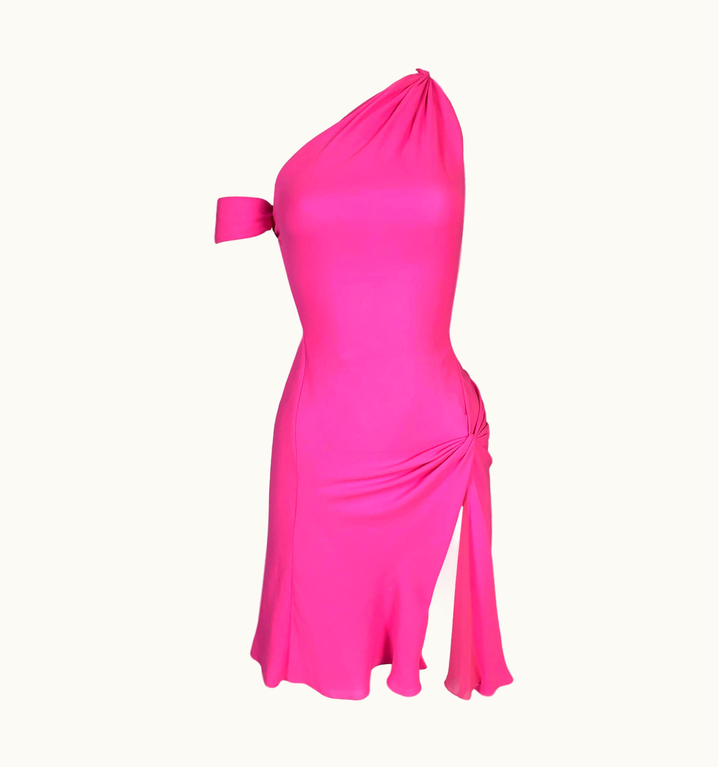 Gianni Versace Couture AW 2002 Gianni Versace Runway One Shoulder Neon Pink Silk High Slit Mini Dress