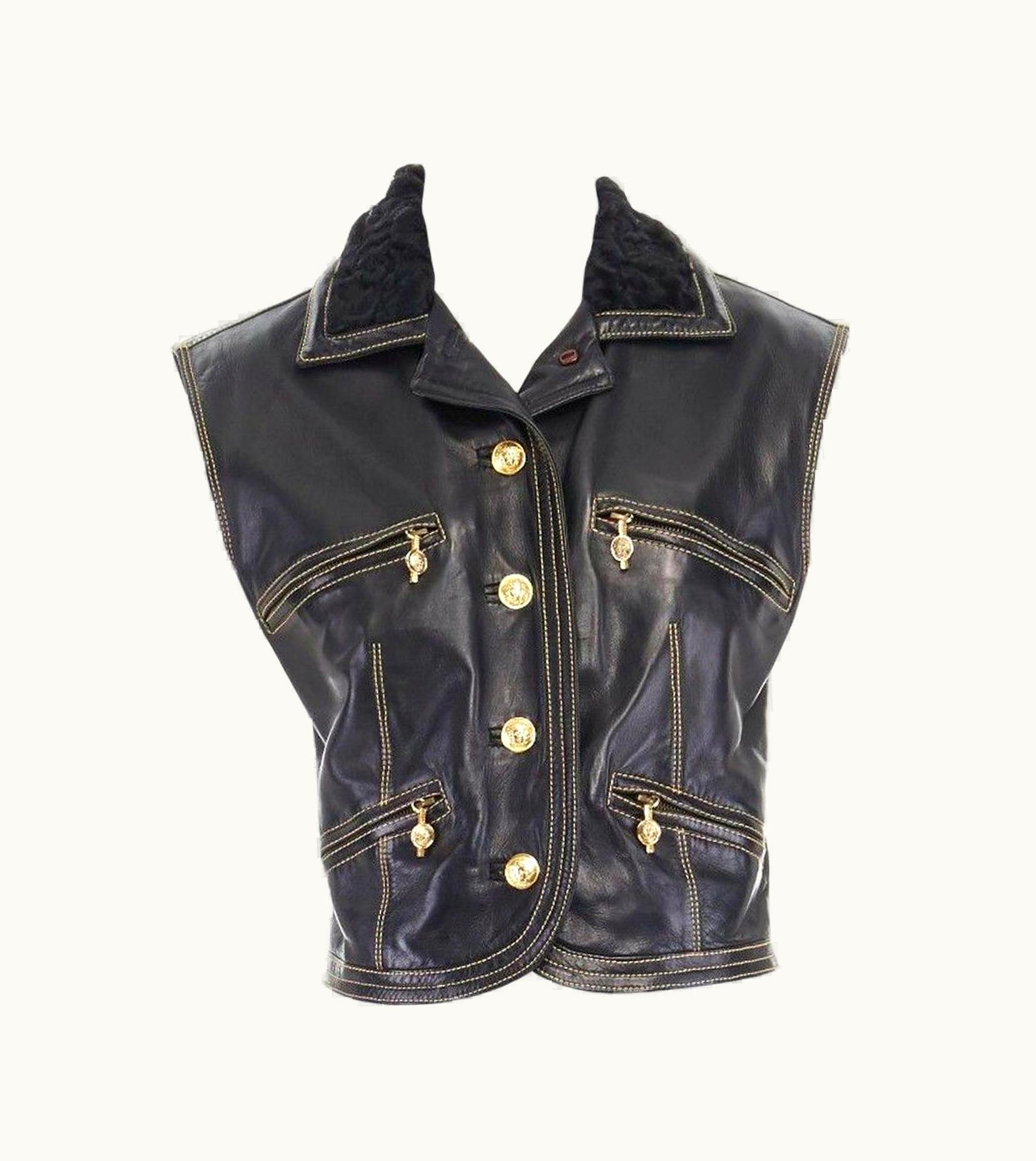 Gianni Versace Couture Runway Gianni Versace AW92 Miss Sm Black Fur Collar Leather Medusa Vest Jacket