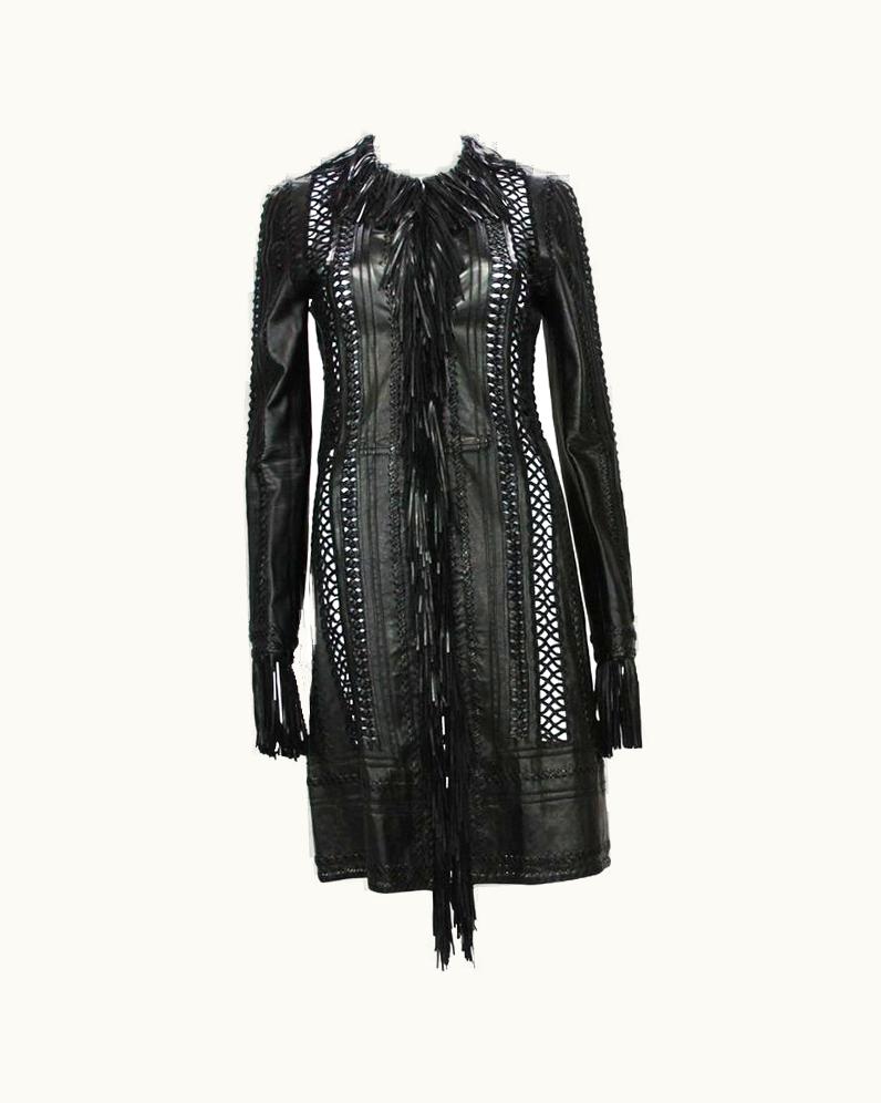 Gianni Versace Couture Gianni Versace 2002 S/S Collection Black Leather Fringe Overcoat It