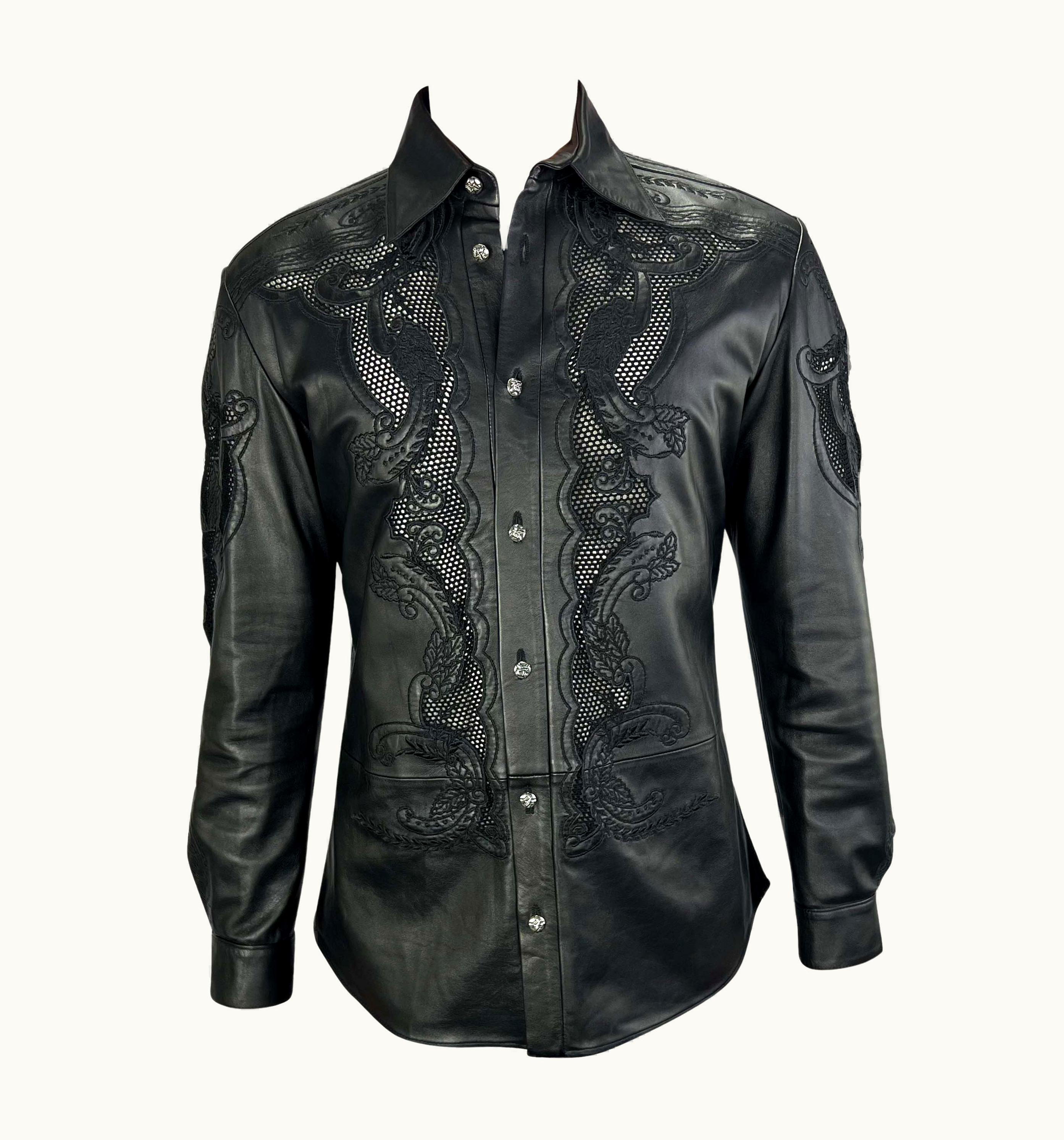 Gianni Versace Couture S/S 2003 Gianni Versace By Donatella Men' Runway Black Leather Sheer Lace Shirt