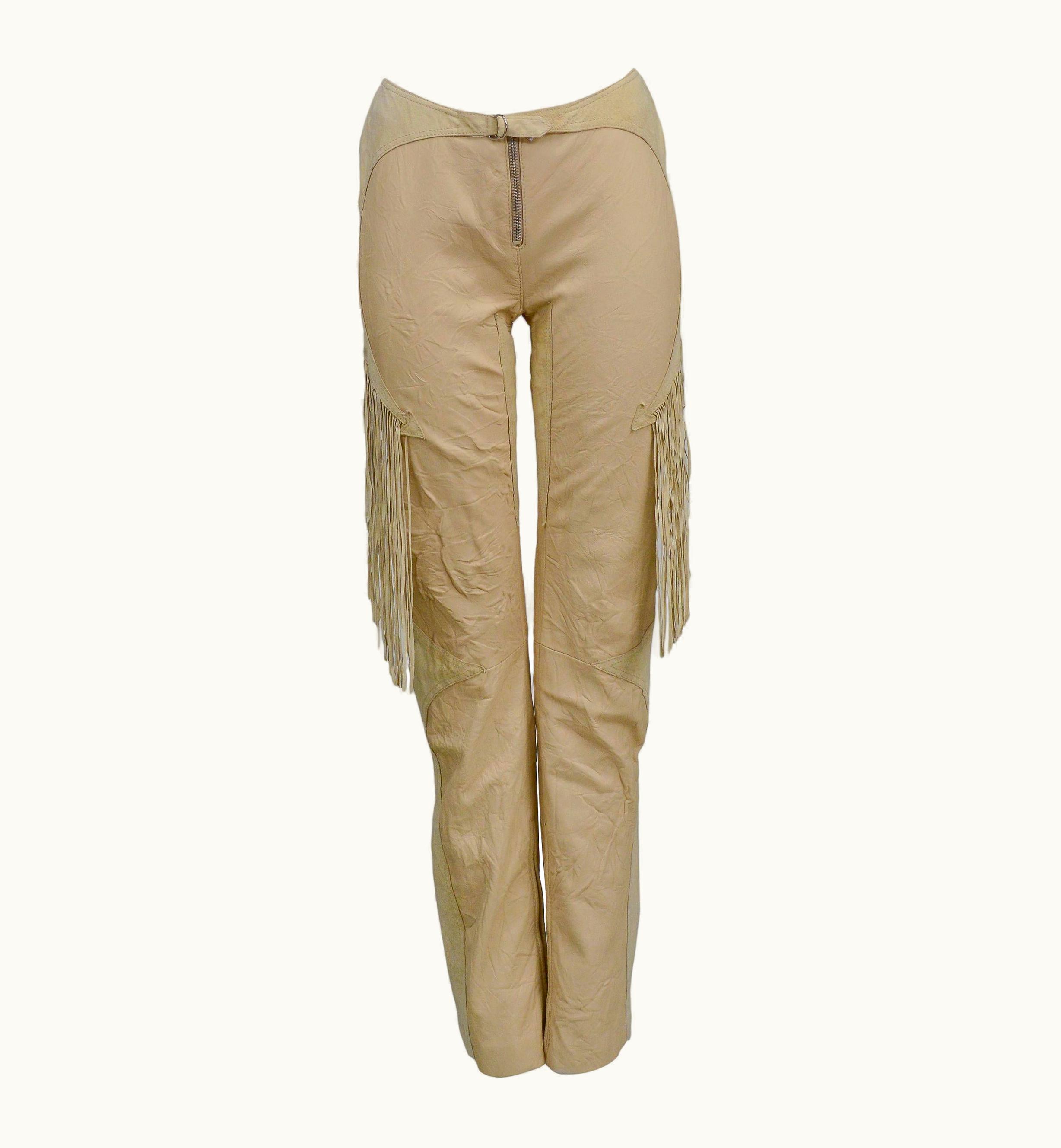 Versace Vintage Versace Tan Leather Western Pants With Fringe 2003