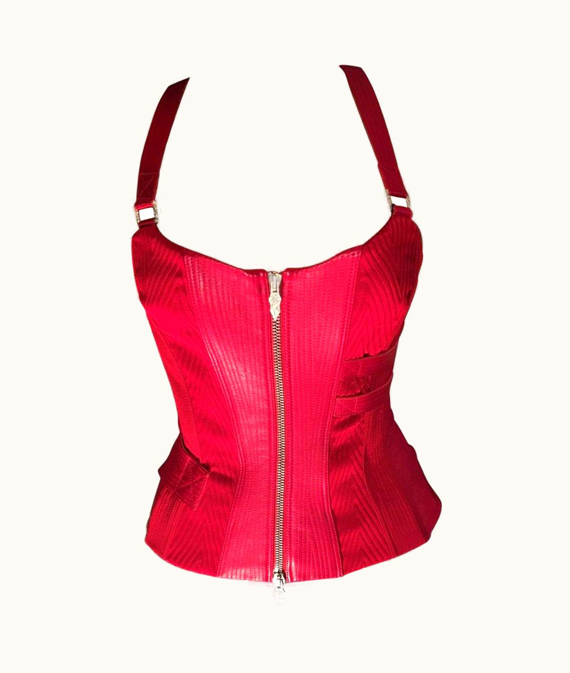 Versace Versace AW 2003 Runway Leather Bondage Red Corset Top