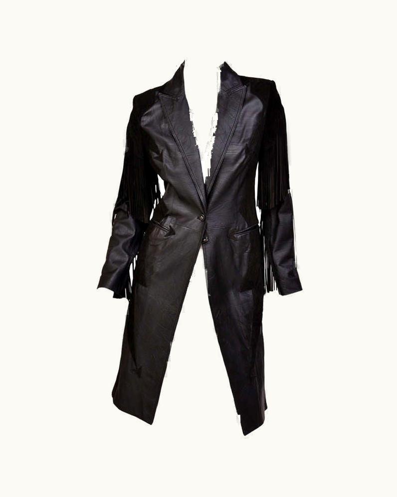 Versace AW 2003 Vintage Versace Black Leather Coat With Fringe