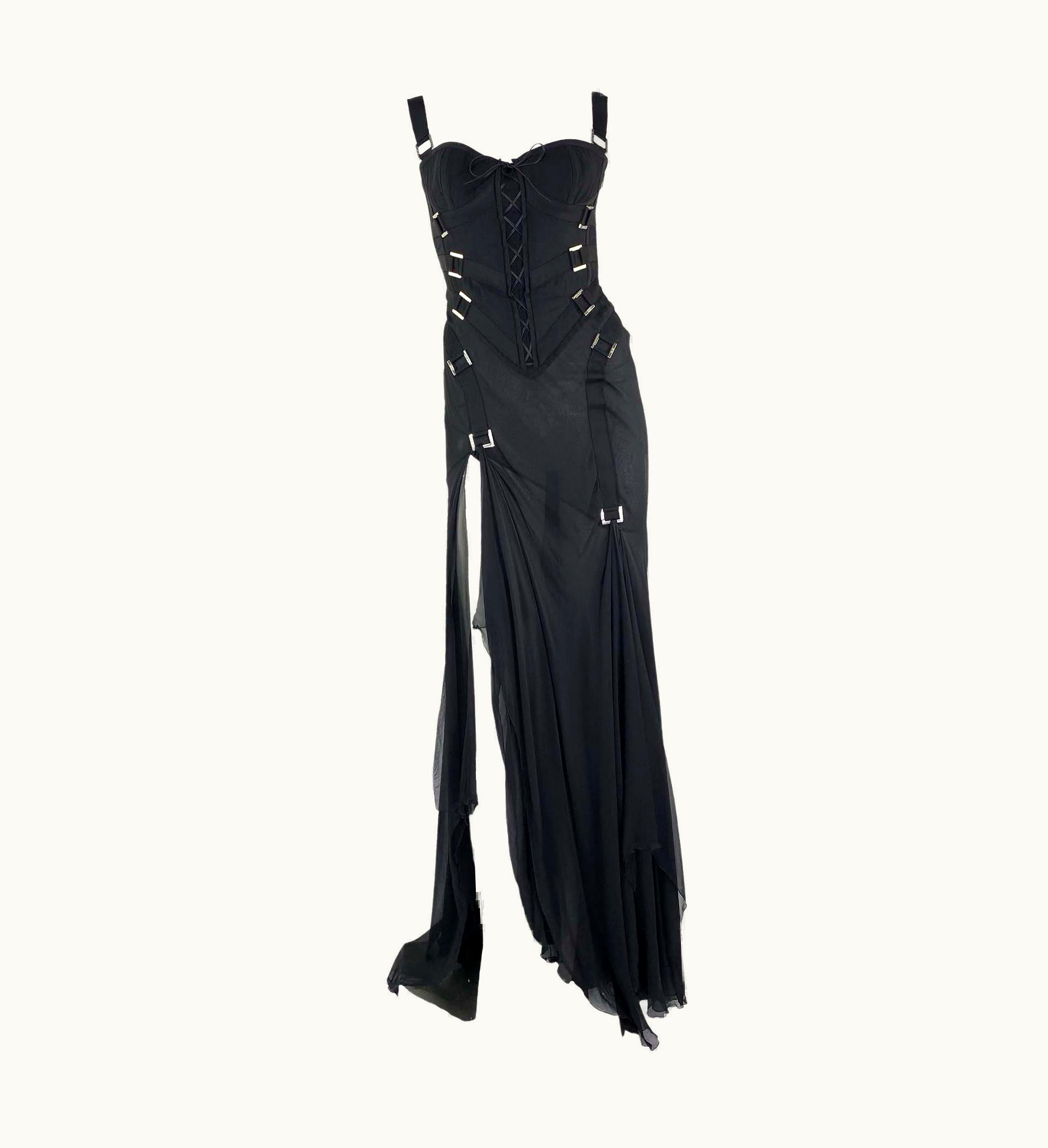 Versace AW 2003 Versace By Donatella Black Strap Corset Chiffon Gown
