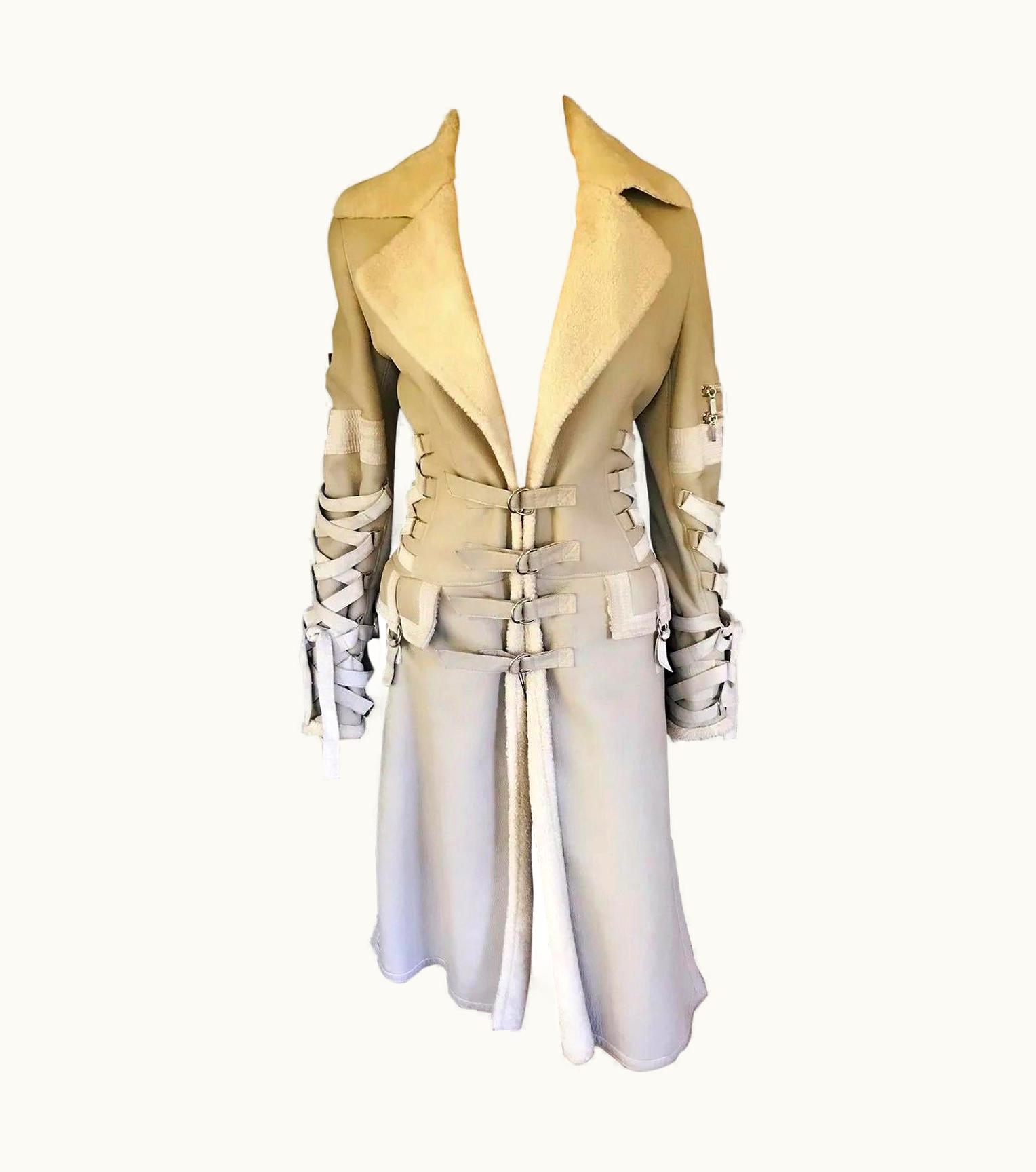 Versace Versace AW 2003 Runway Corset Ties Lace Up Beige Shearling Jacket Coat
