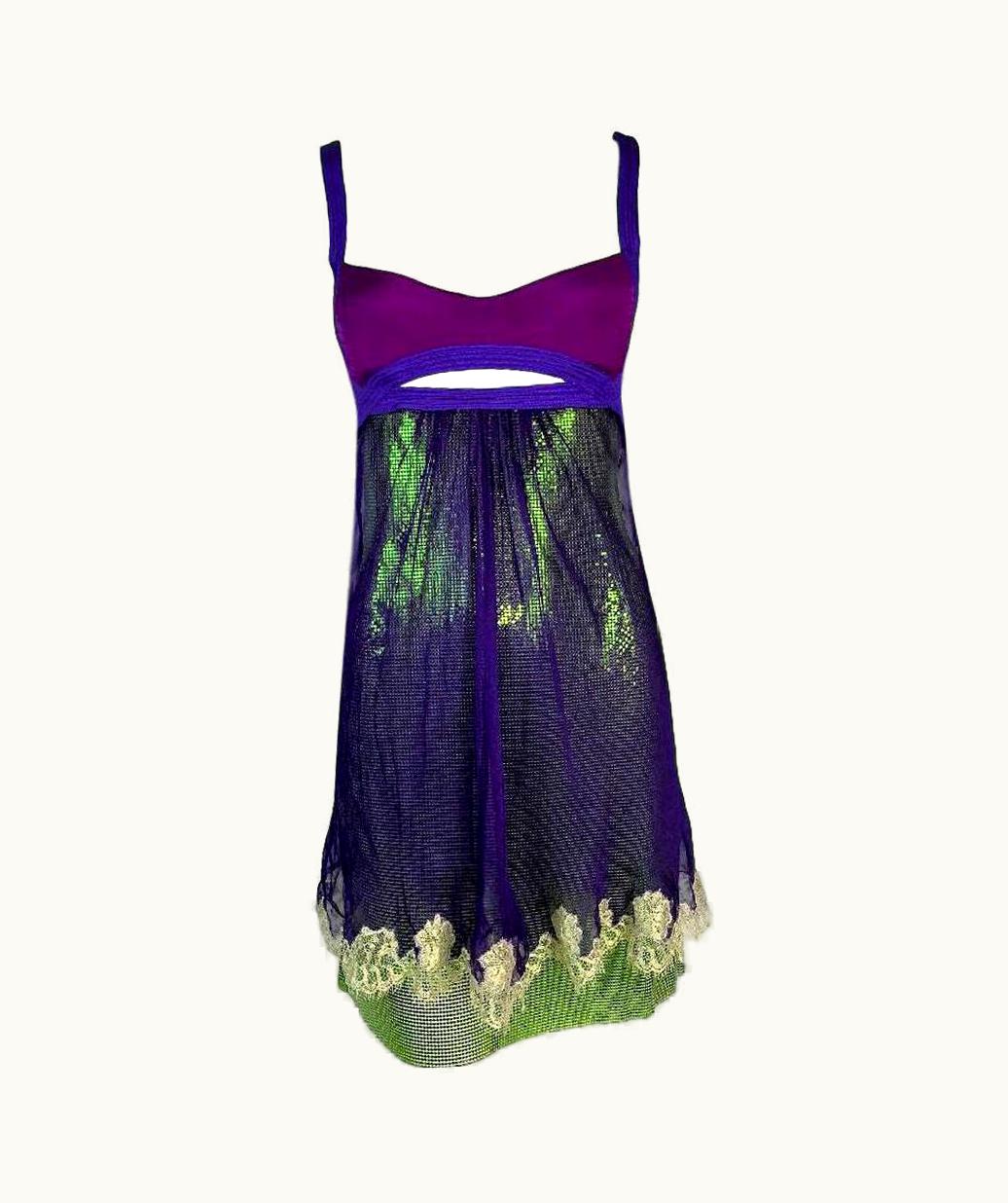Gianni Versace Couture S/S 2003 Gianni Versace Runway Purple & Green Chain Mail Metal Mini Dress UZ0579322