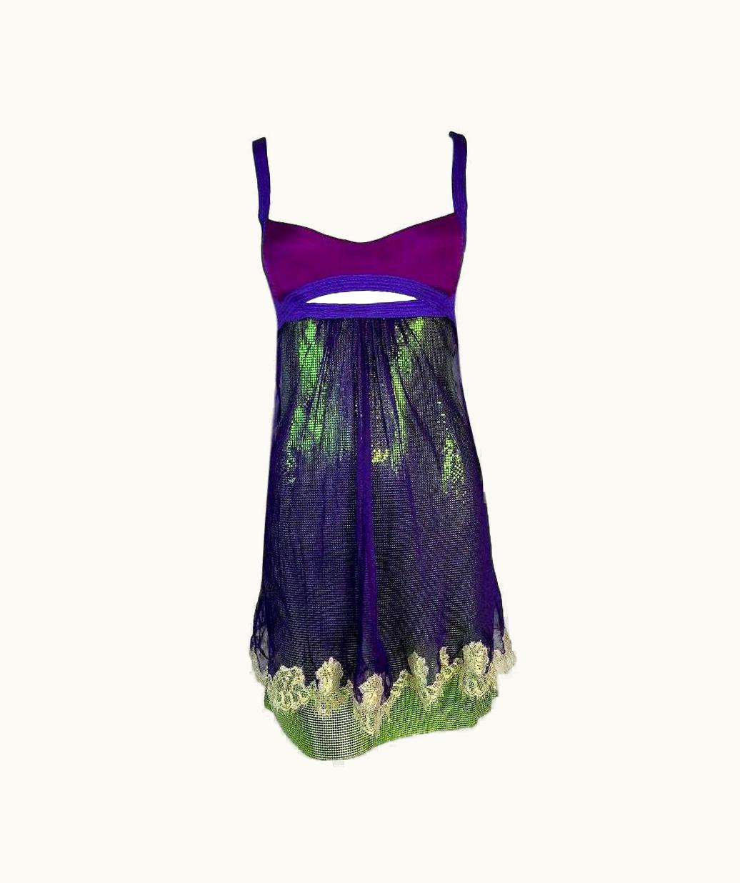 Gianni Versace Couture S/S 2003 Gianni Versace Runway Purple & Green Chain Mail Metal Mini Dress UZ0579323
