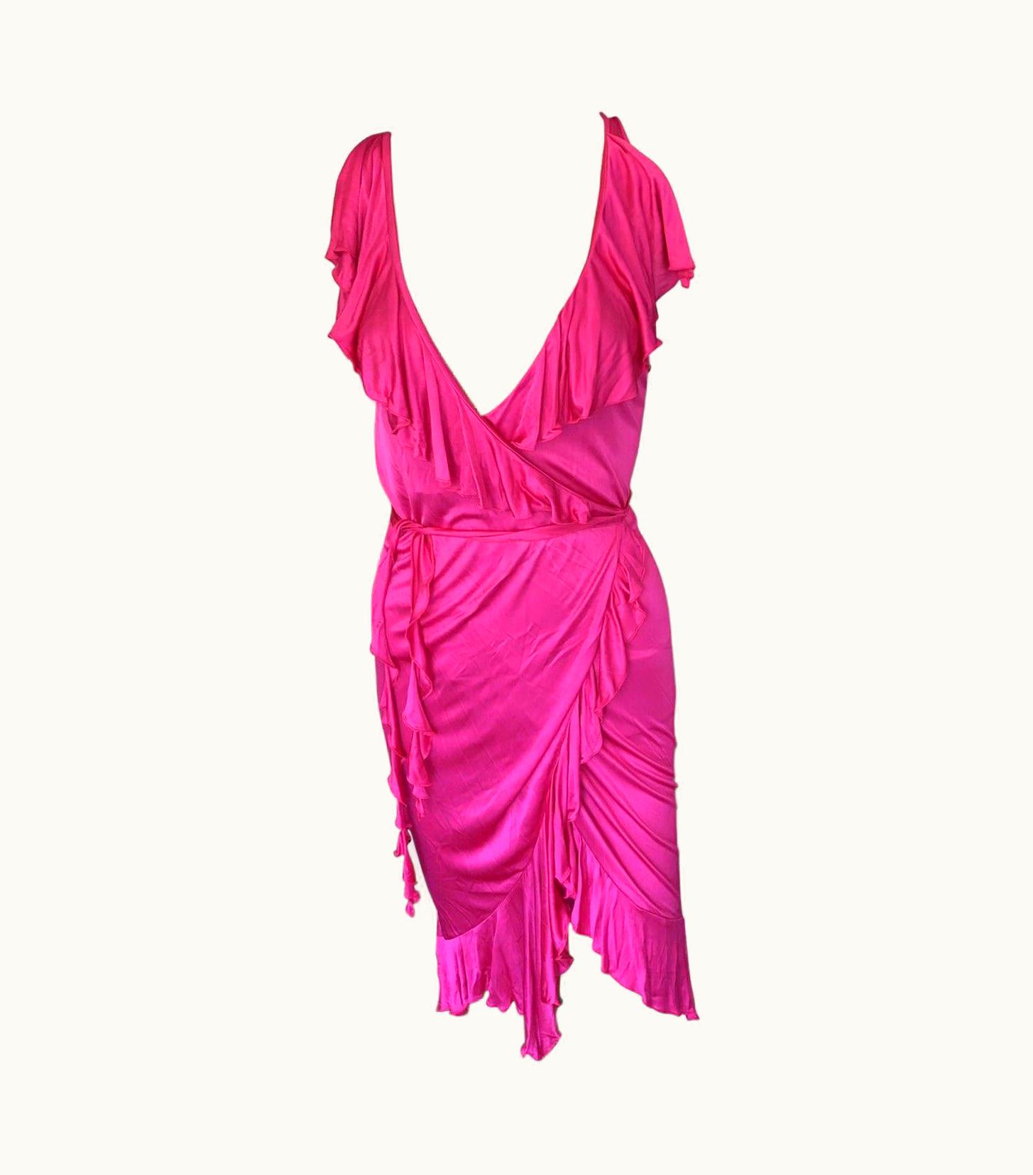 Versace Versace S/S 2004 Runway Plunging Neckline Wrap Ruffles Dress