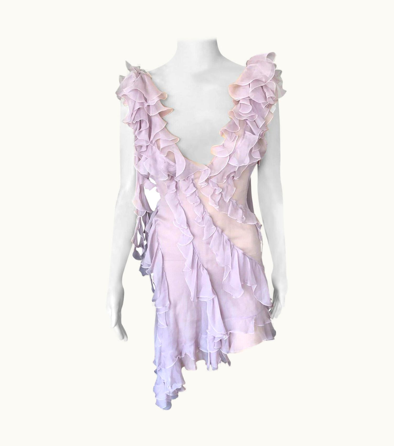 Versace Versace S/S 2004 Runway Sheer Ruffled Plunging Neckline Dress
