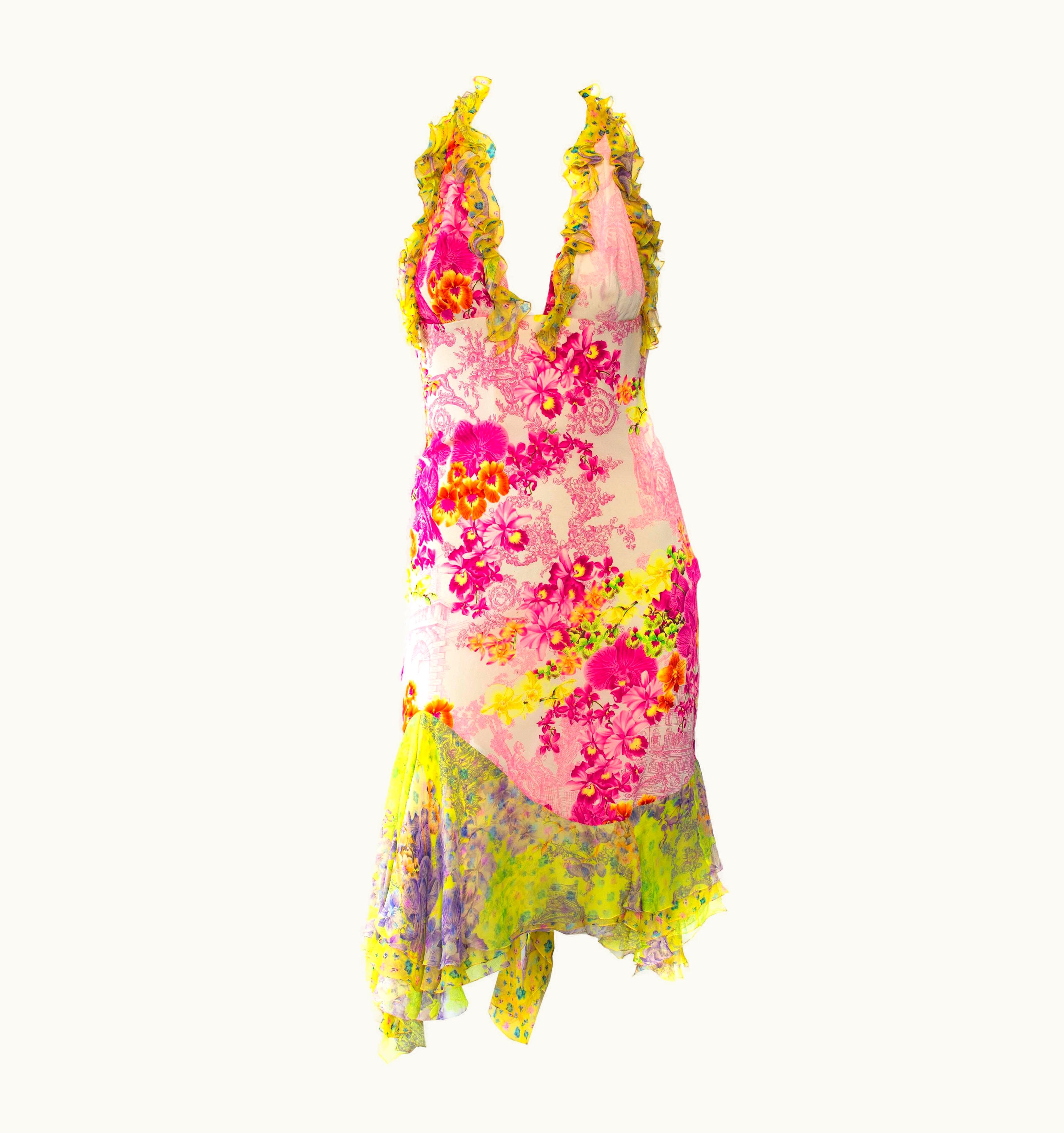 Versace S/S 2004 Versace Neon Floral Chiffon Dress Vintage Runway