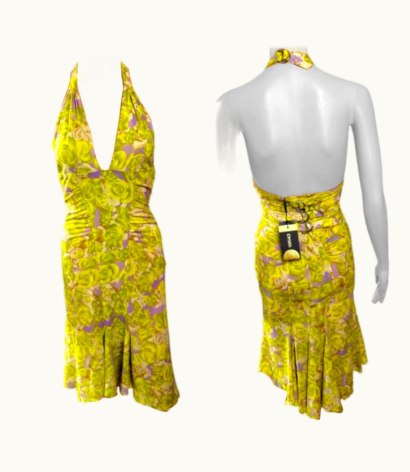 Versace Versace S/S 2004 Unworn Plunging Neckline Backless Floral Print Dress