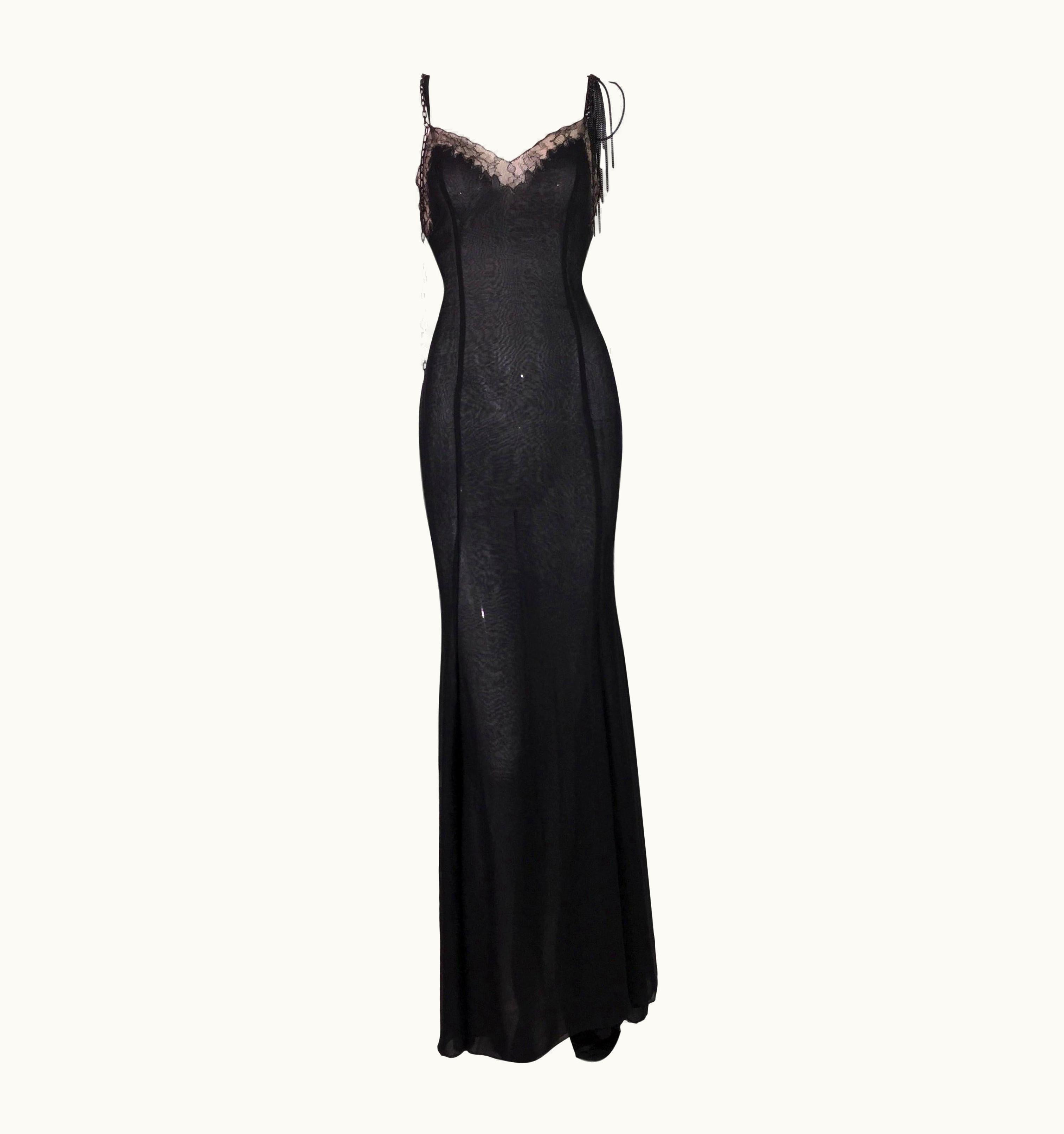 Versace 2004 Versace Black Sheer Plunging Chain Embellished Gown Dress W Train UZ0579333