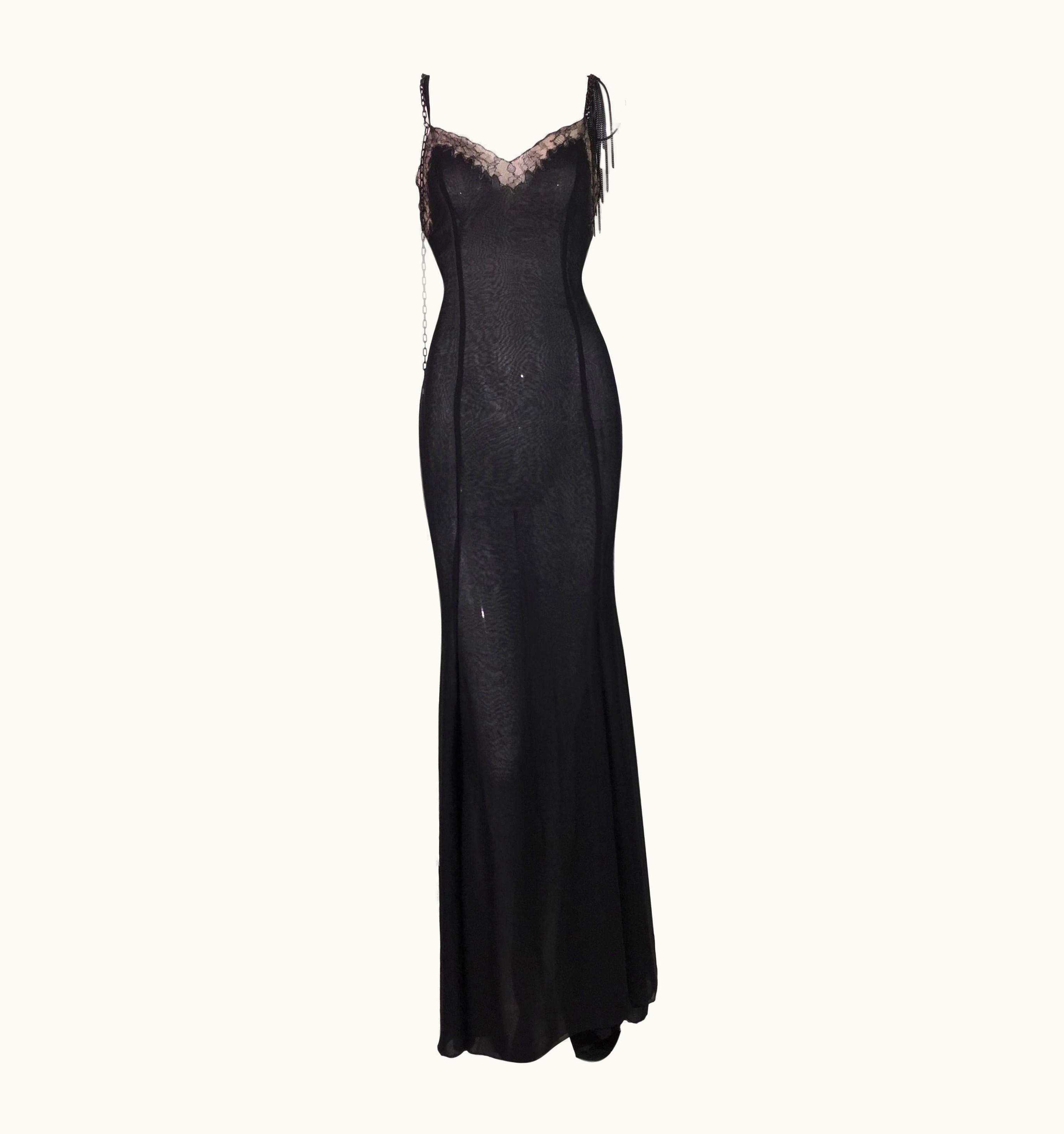 Versace 2004 Versace Black Sheer Plunging Chain Embellished Gown Dress W Train UZ0579334