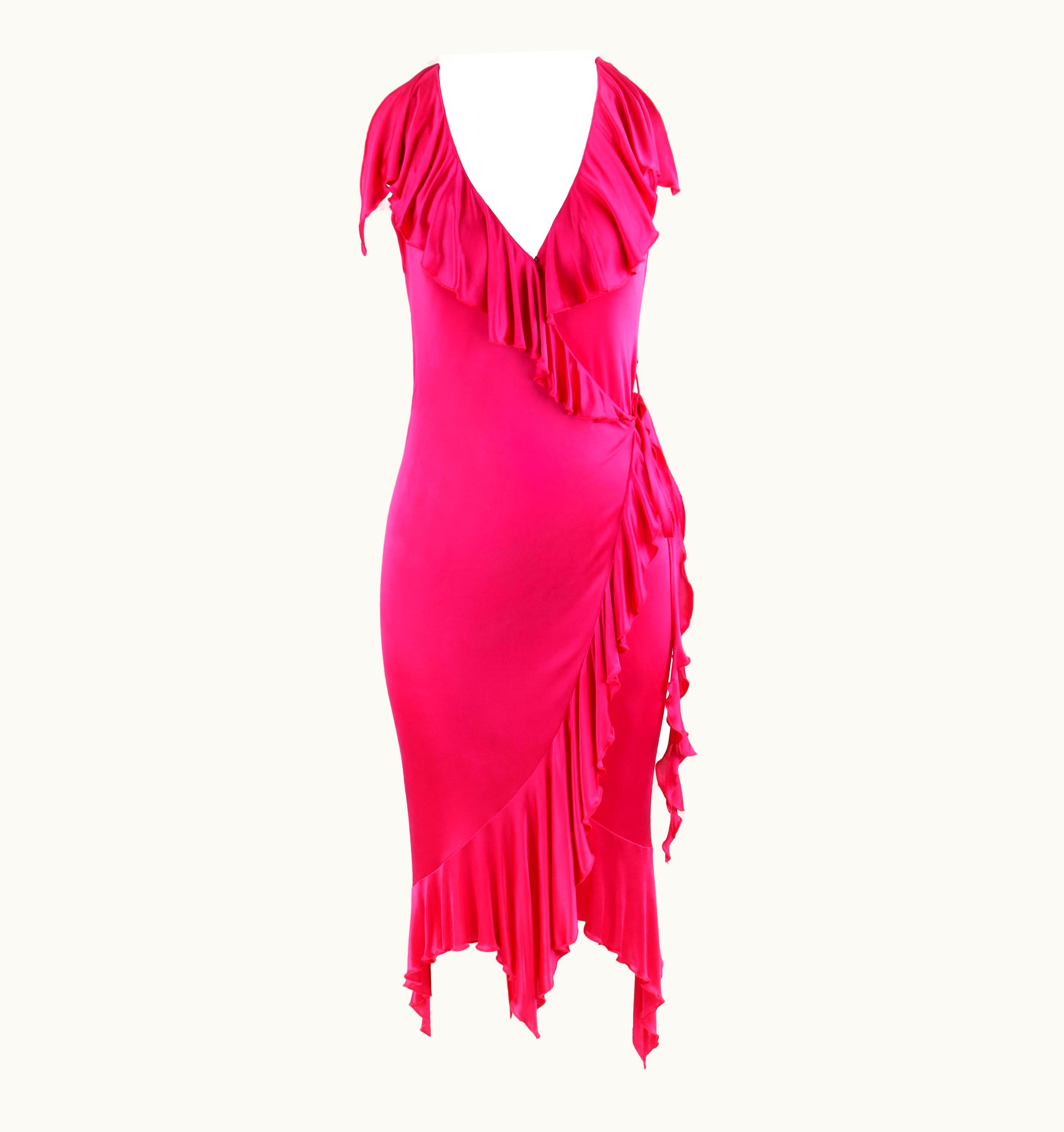 Versace Versace S/S 2004 Hot Pink Knit V Neck Ruffle Wrap Dress