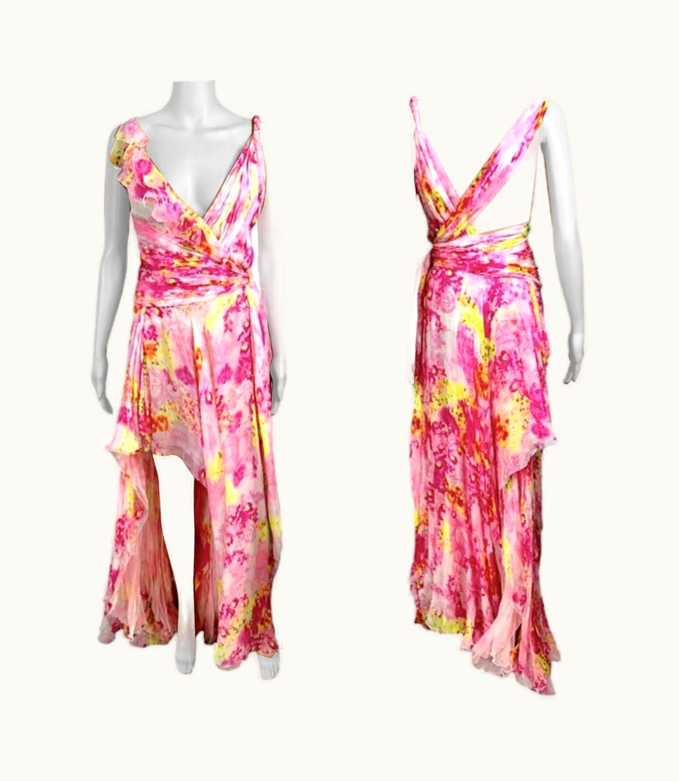 Versace Versace S/S 2004 Runway Floral Plunged Neckline Open Back Evening Dress Gown