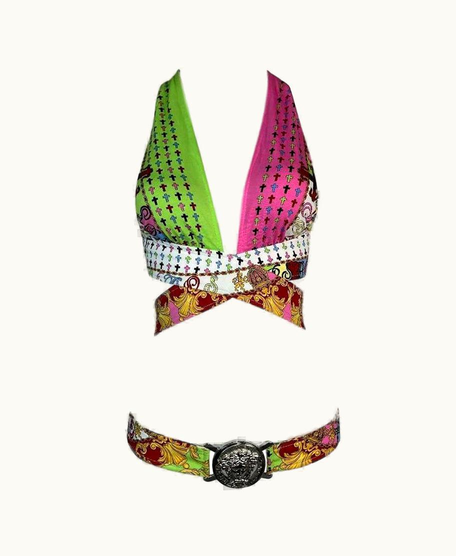 Versace Nwt 2005 Versace Cross Print Plunging Wrap Crop Top