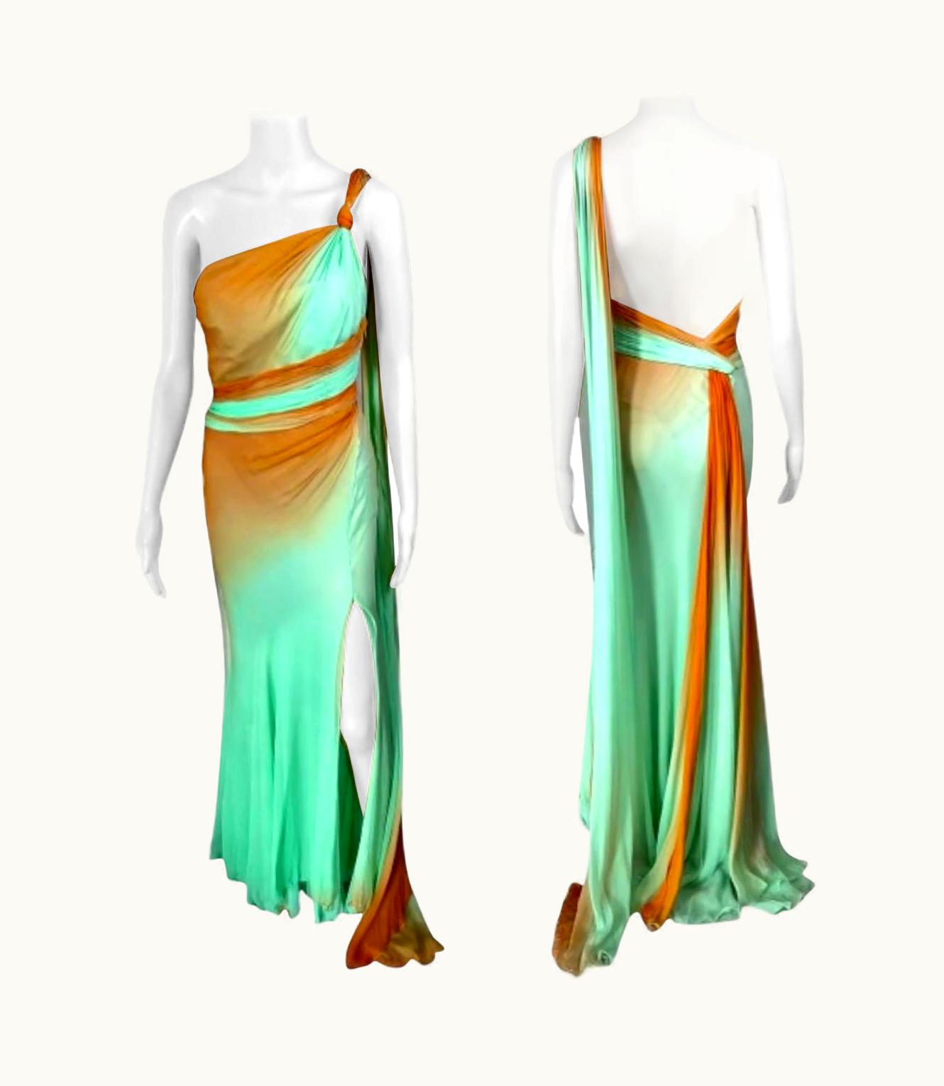 Versace Versace S/S 2006 Runway One Shoulder Backless Ombre Train Evening Dress Gown