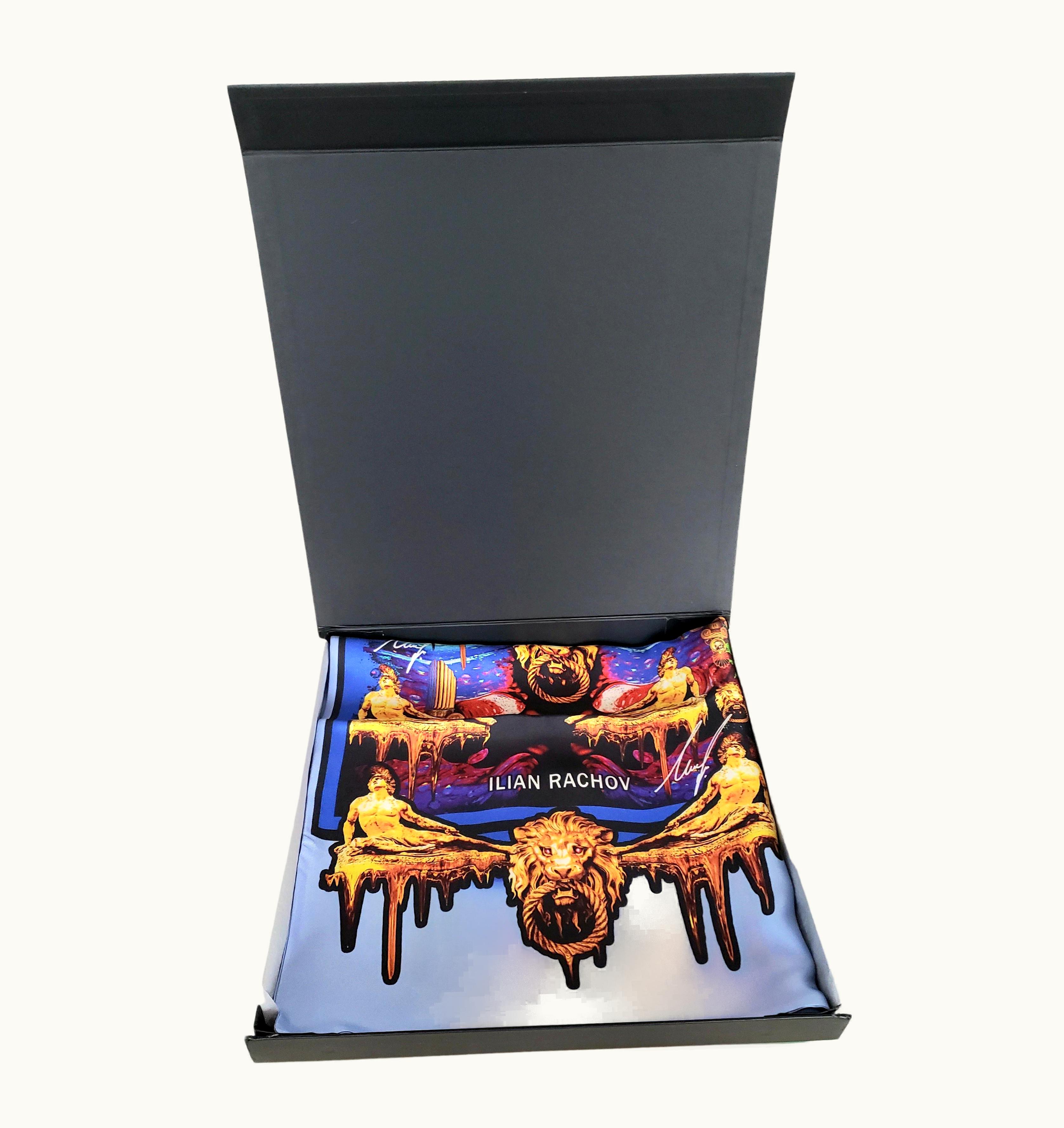 Versace Double Sided Silk Scarf Roman Heroes Blue Artist Ilian Rachov w/VERSACE Gift Box