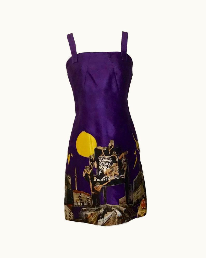 Versace Versace Purple Silk Tim Roeloffs Photo Collage Cocktail Shift Dress 2008