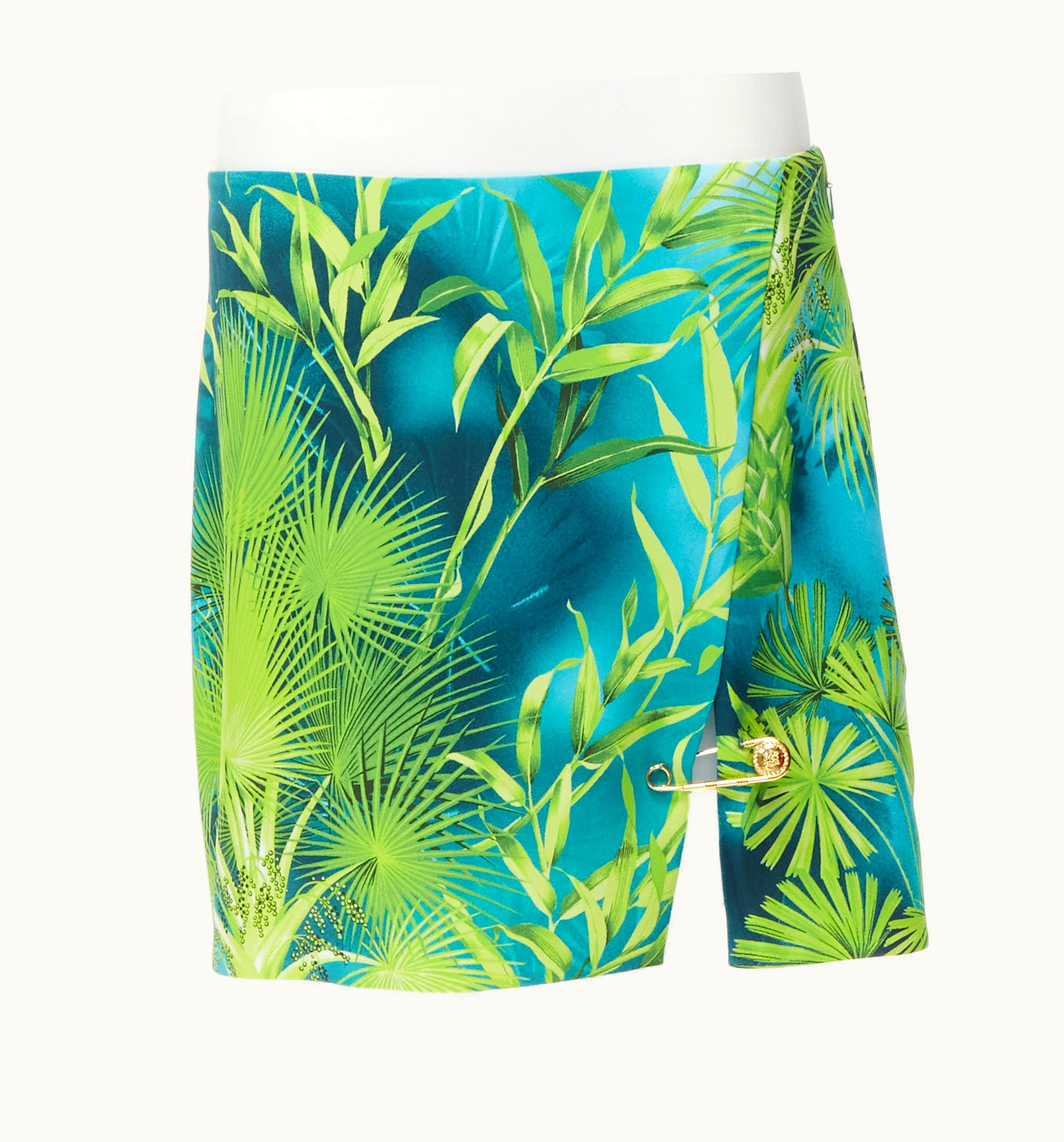 Versace Versace 2020 Runway Green Jungle Gold Medusa Safety Pin Mini Skirt