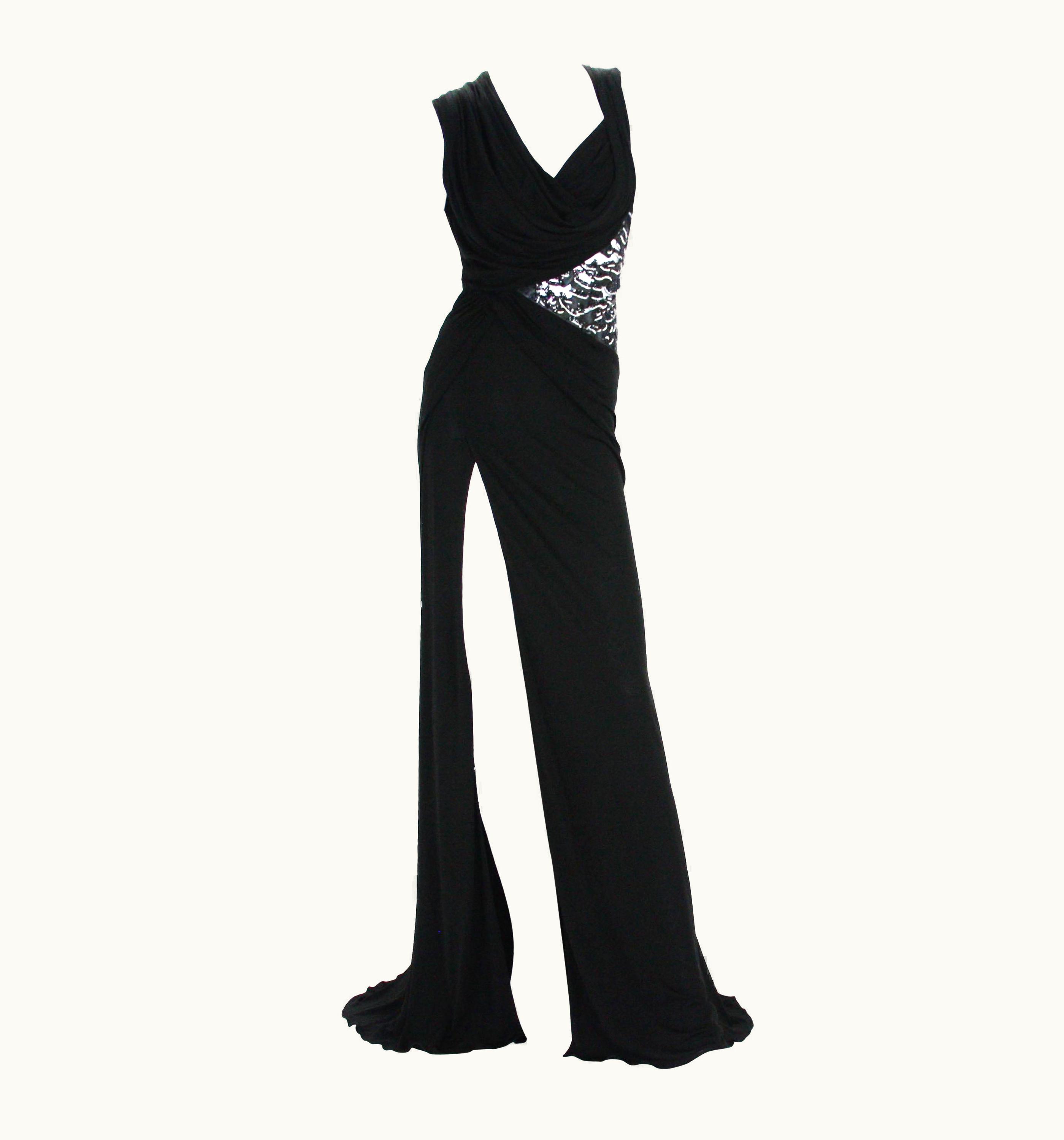 Versace Versace Black Jersey Leather Beads Embellished High Slit Dress Gown 40 Us