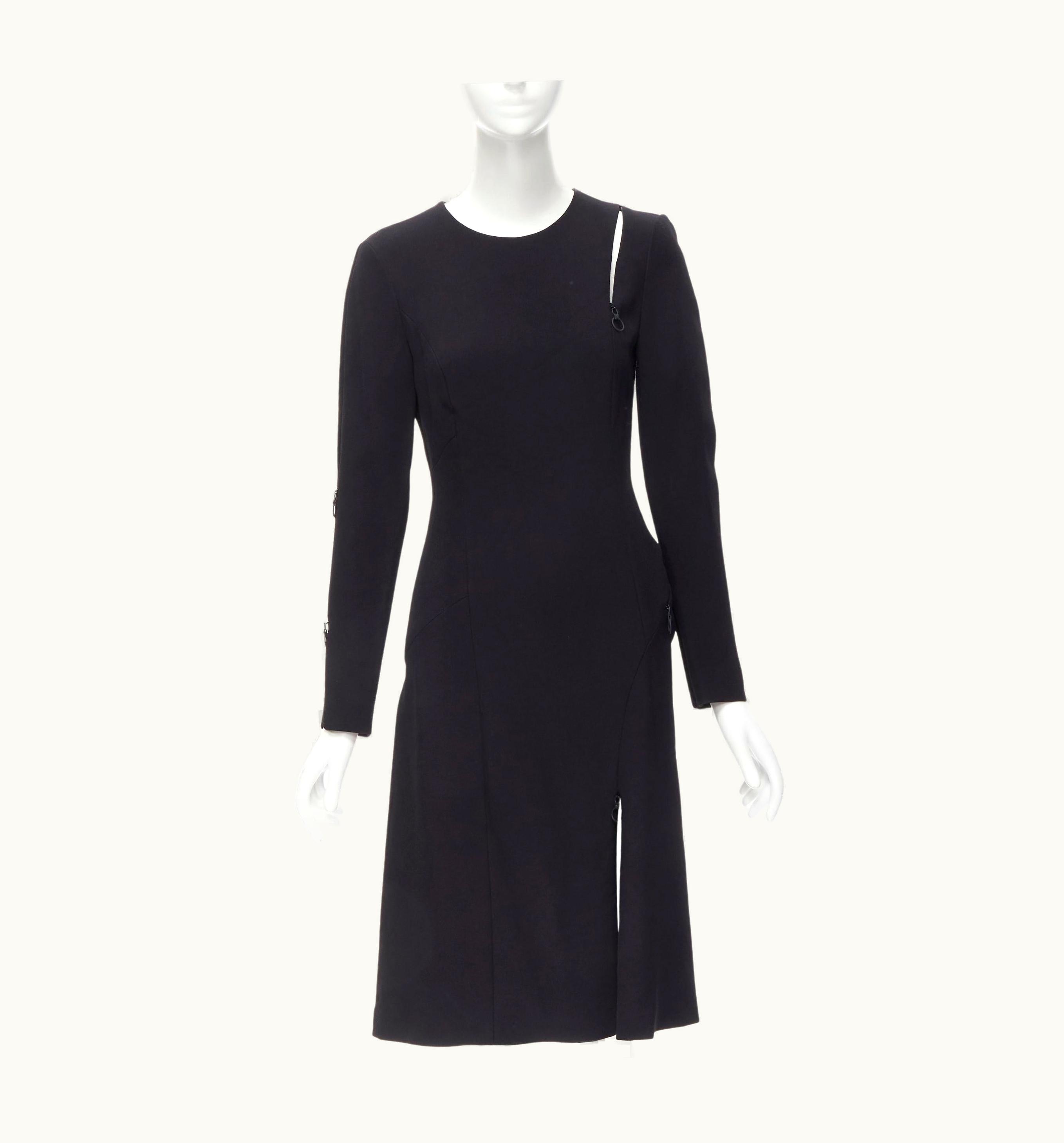 Versace Versace Black Wool Crepe Medusa Ring Irregular Zip Detail Dress