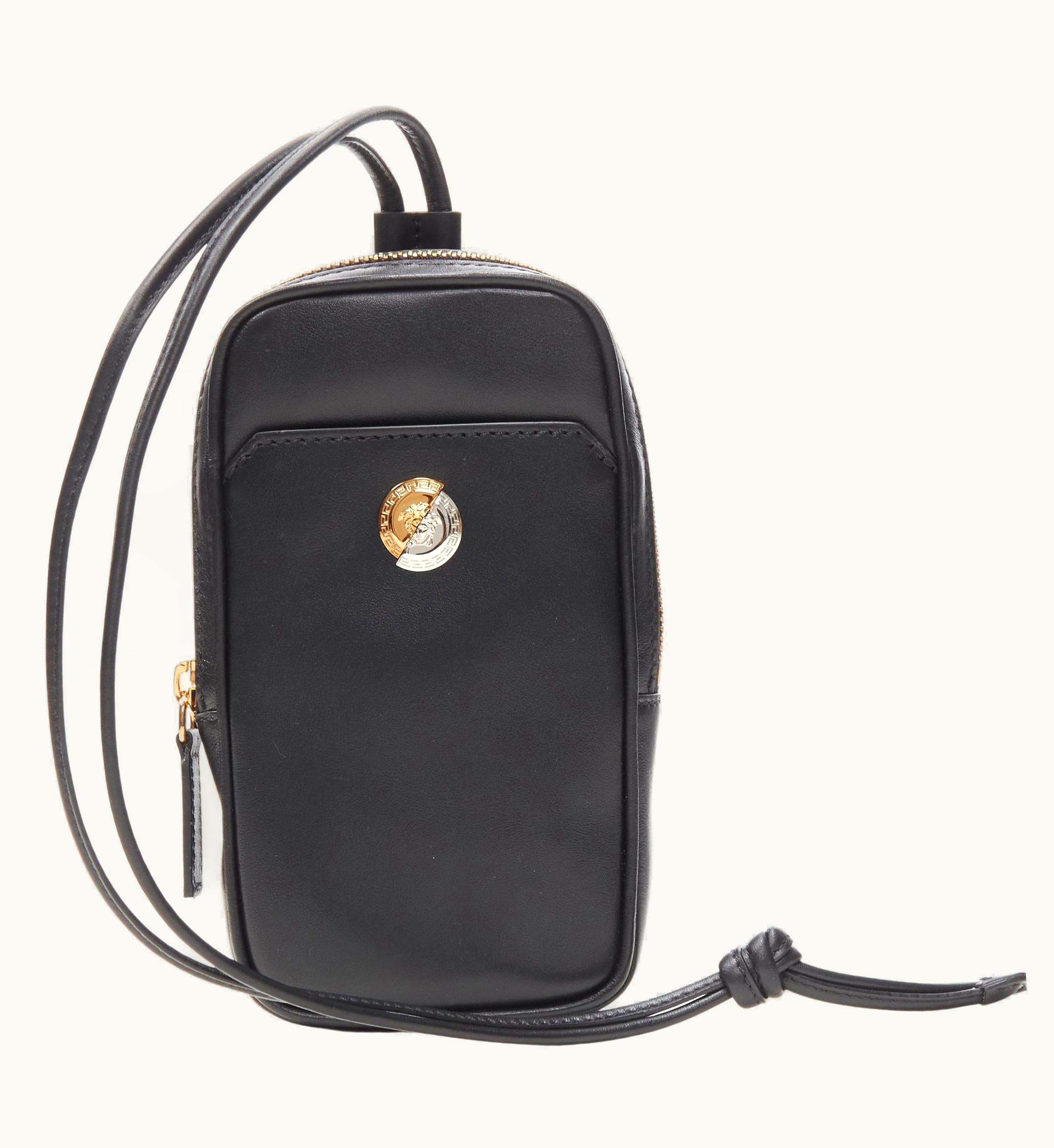 Versace Versace Clash Demi Medusa Gold Silver Black Leather Neck Pouch Crossbody Bag