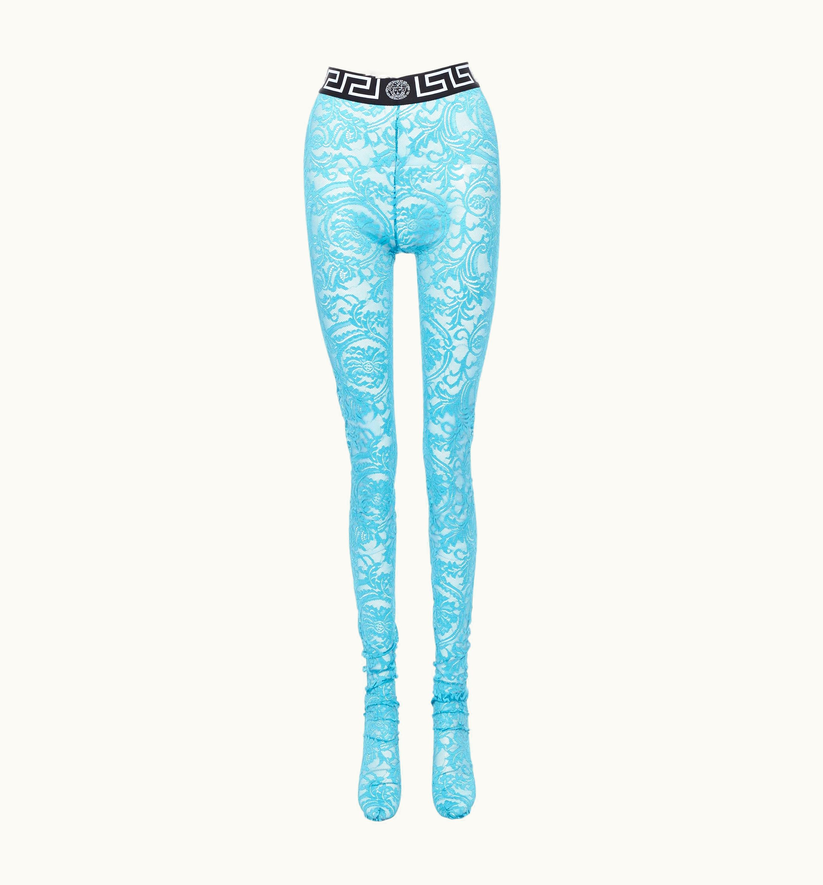 Versace Versace Underwear Medusa Greca Waist Band Blue Floral Lace Legging Tights UZ0579411