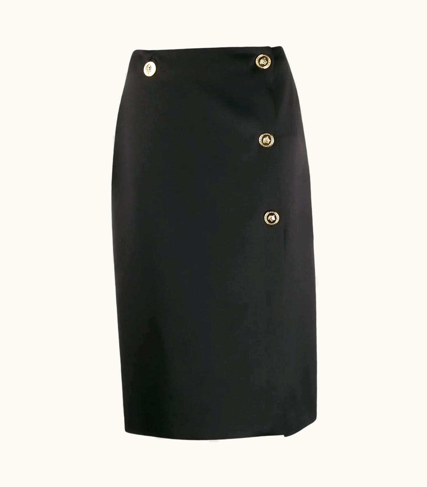Versace Versace Black Knee Length Pencil Skirt With Gold-Tone Medusa Buttons UZ0579414