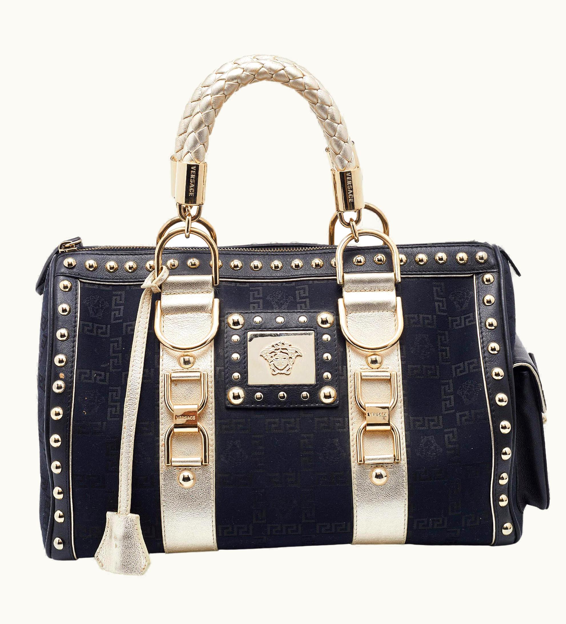 Versace Versace Black/Gold Signature Fabric And Leather Studded Snap Out Of It Satchel