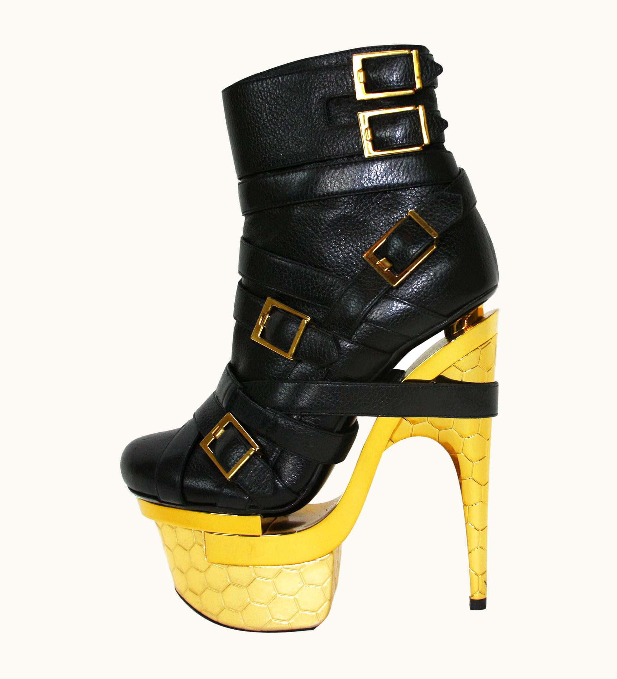 Versace Versace 3 Platform Multi Buckle Honeycomb Design Gold Black Ankle Boots