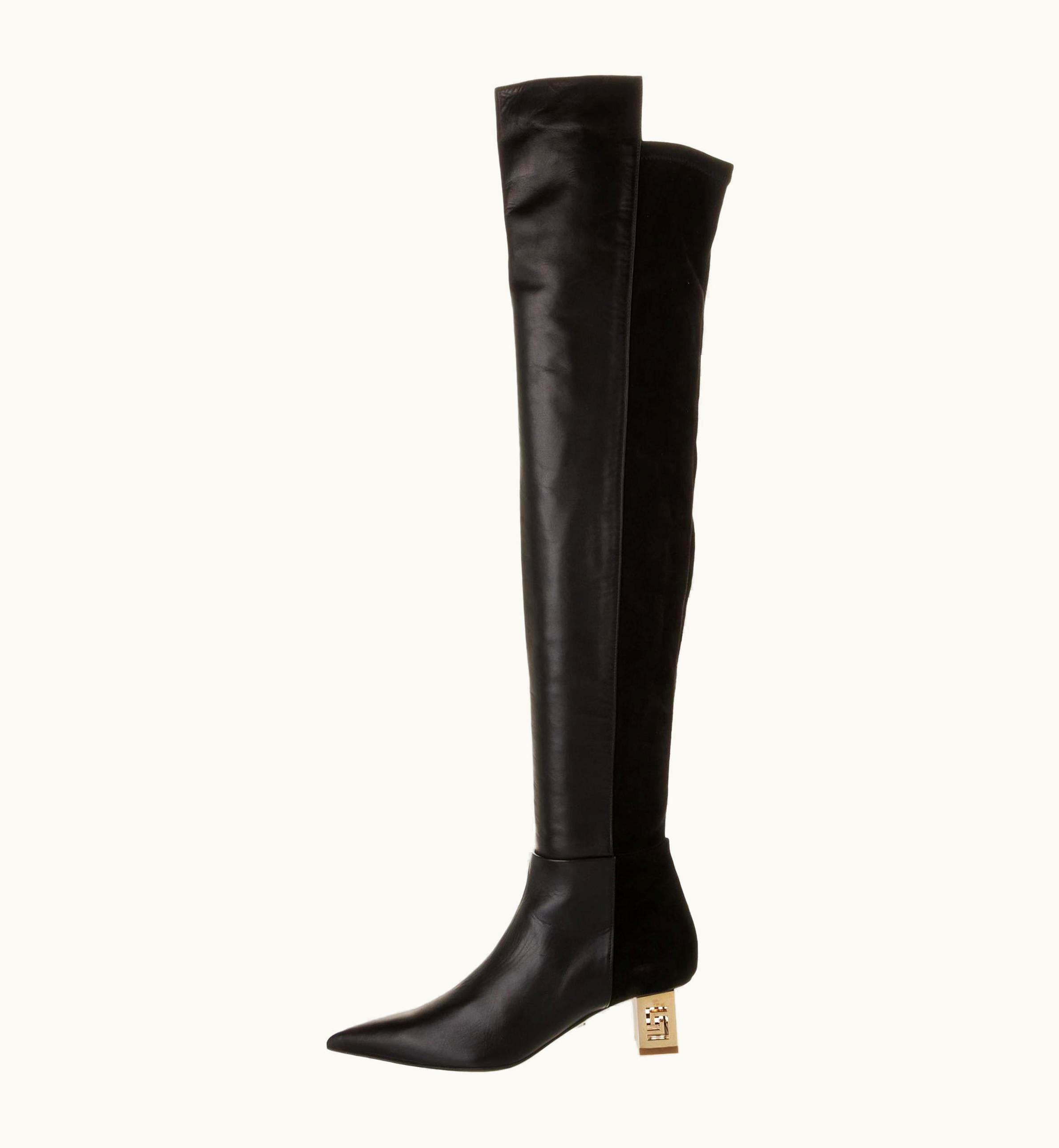 Versace Versace Black Leather Suede Greek Key Gold Tone Heel Over Knee Boots