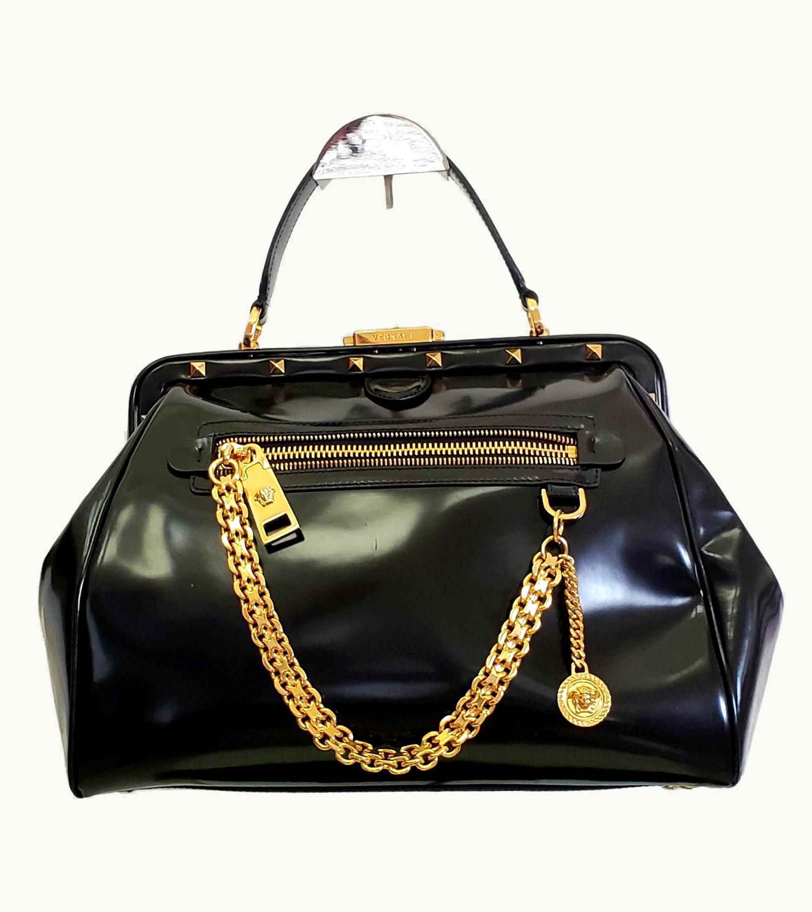 Versace F/13 Versace Black Patent Leather 24 K Gold Plated Hardware Handbag/shoulder Bag