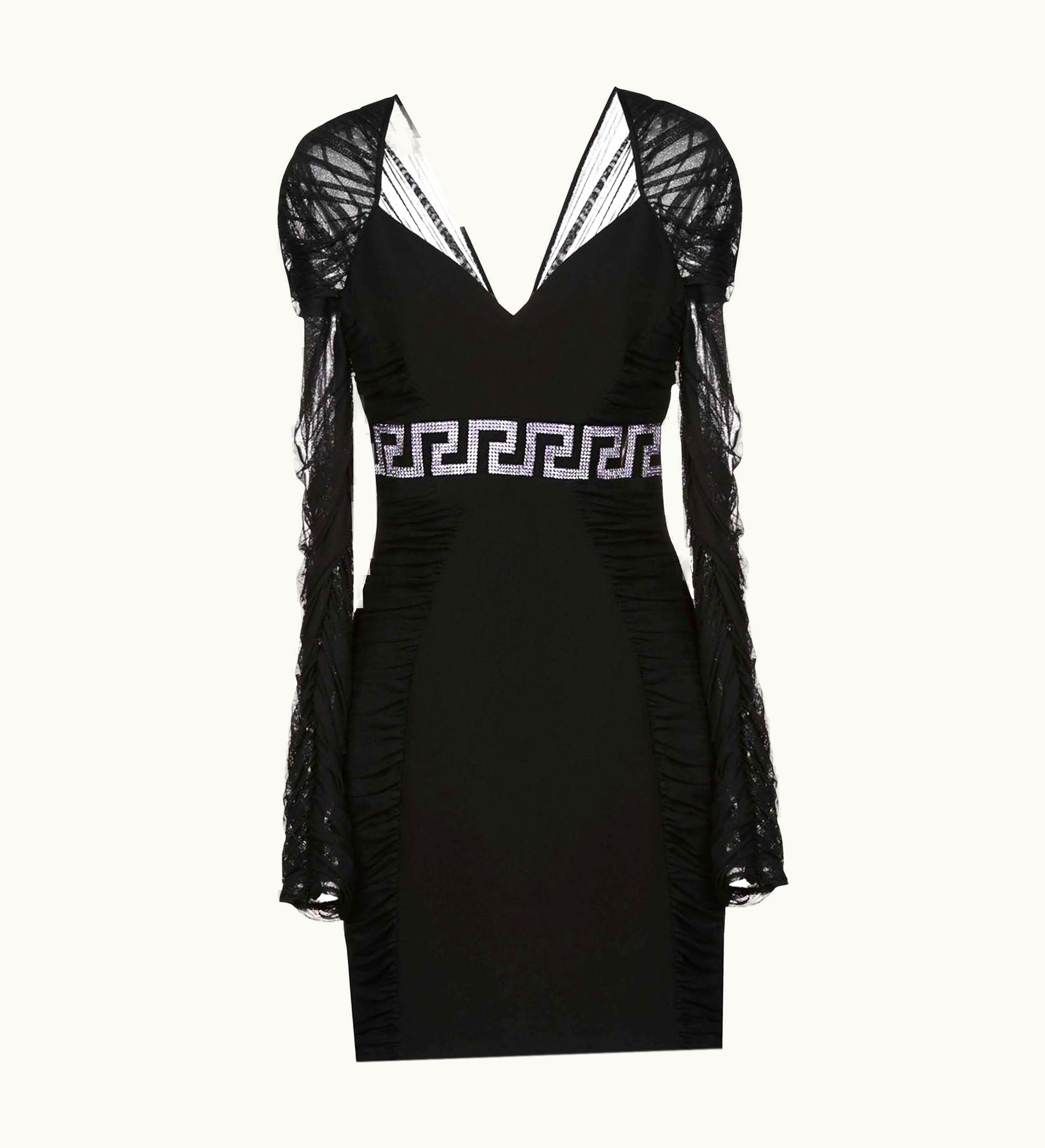 Versace Versace Black Purple Crystal Embellished Draped Tulle Crepe Mini Dress
