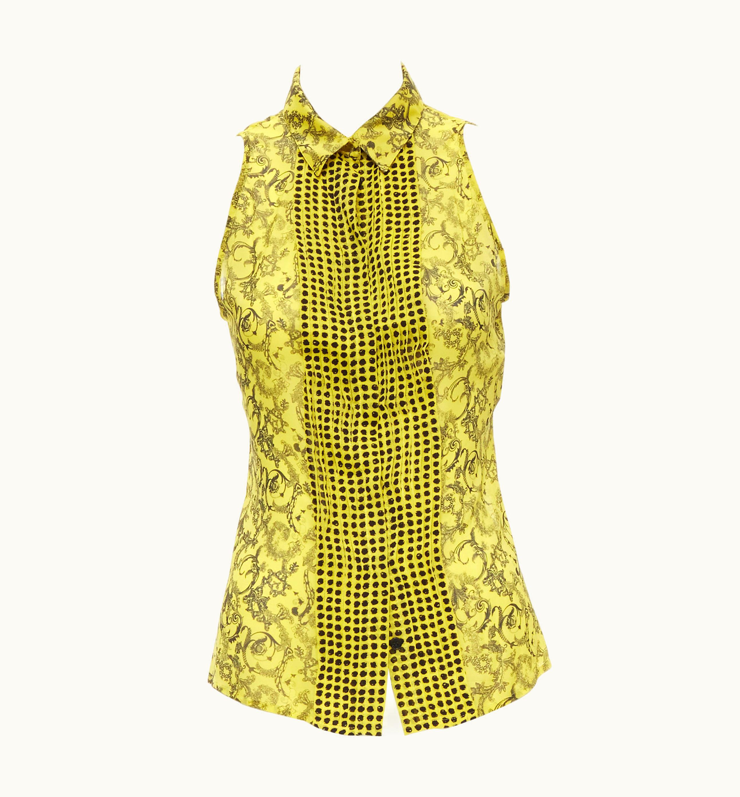 Versace Versace Yellow Silk Baroque Print Polka Dot Pleated Collar Sleeveless Shirt